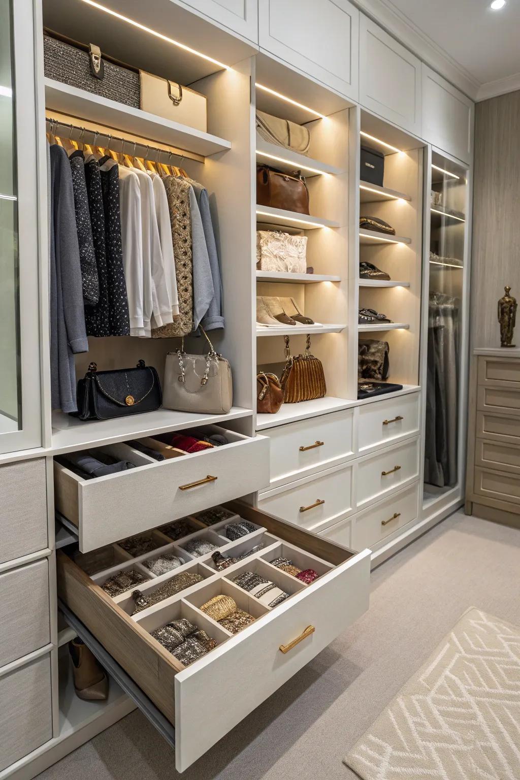 Fitted drawers keep your accessories organized and readily available.