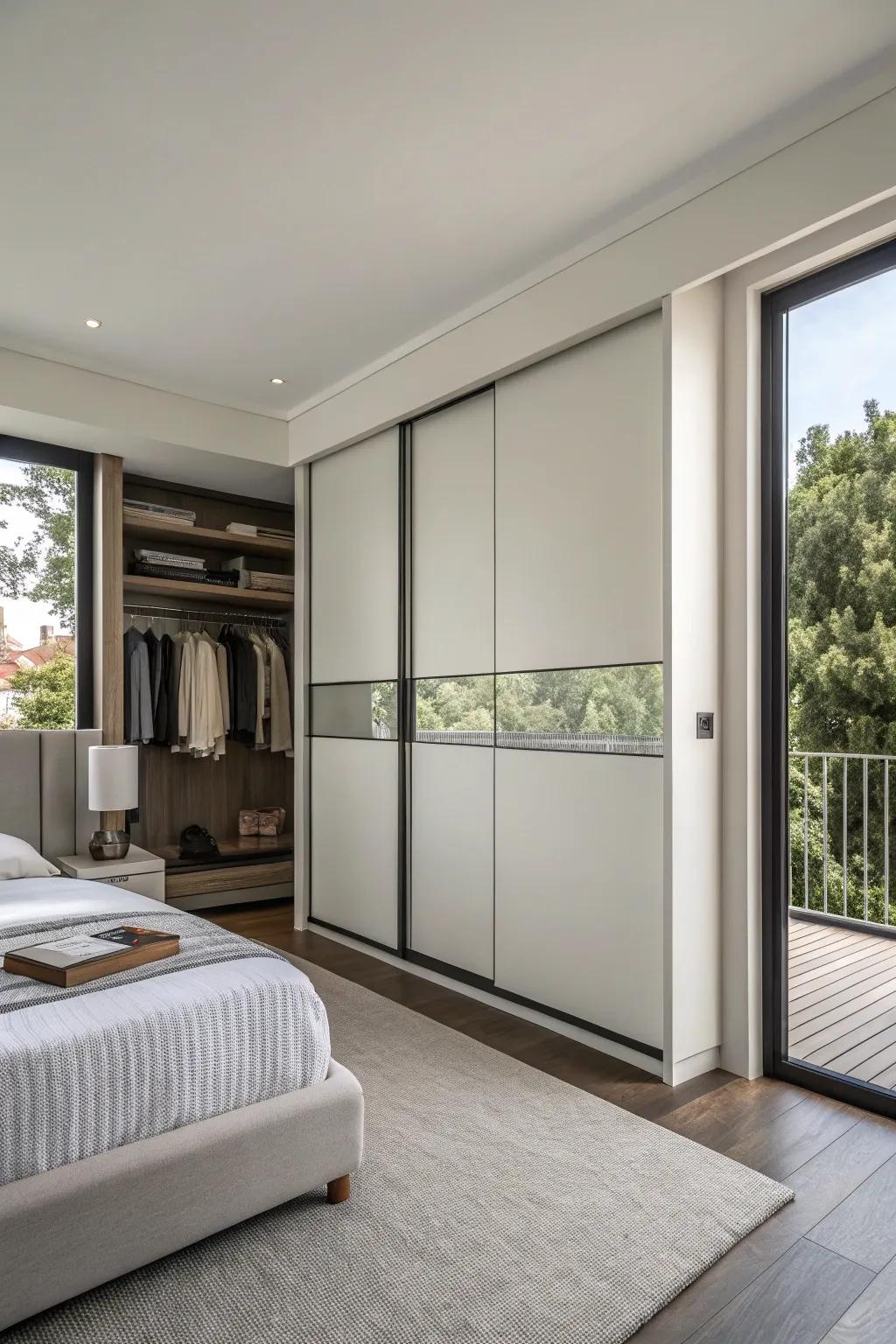 A contemporary closet featuring area-conserving inset doors.