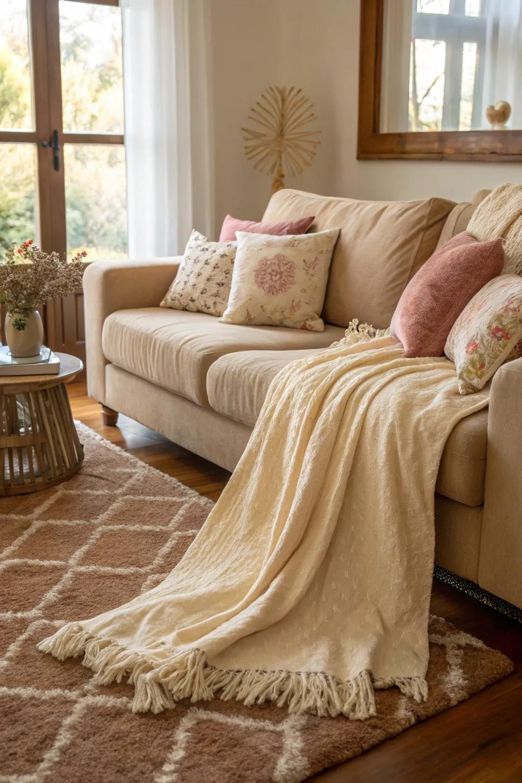 Gentle textures imbue a neutral living space with comfort and warmth.