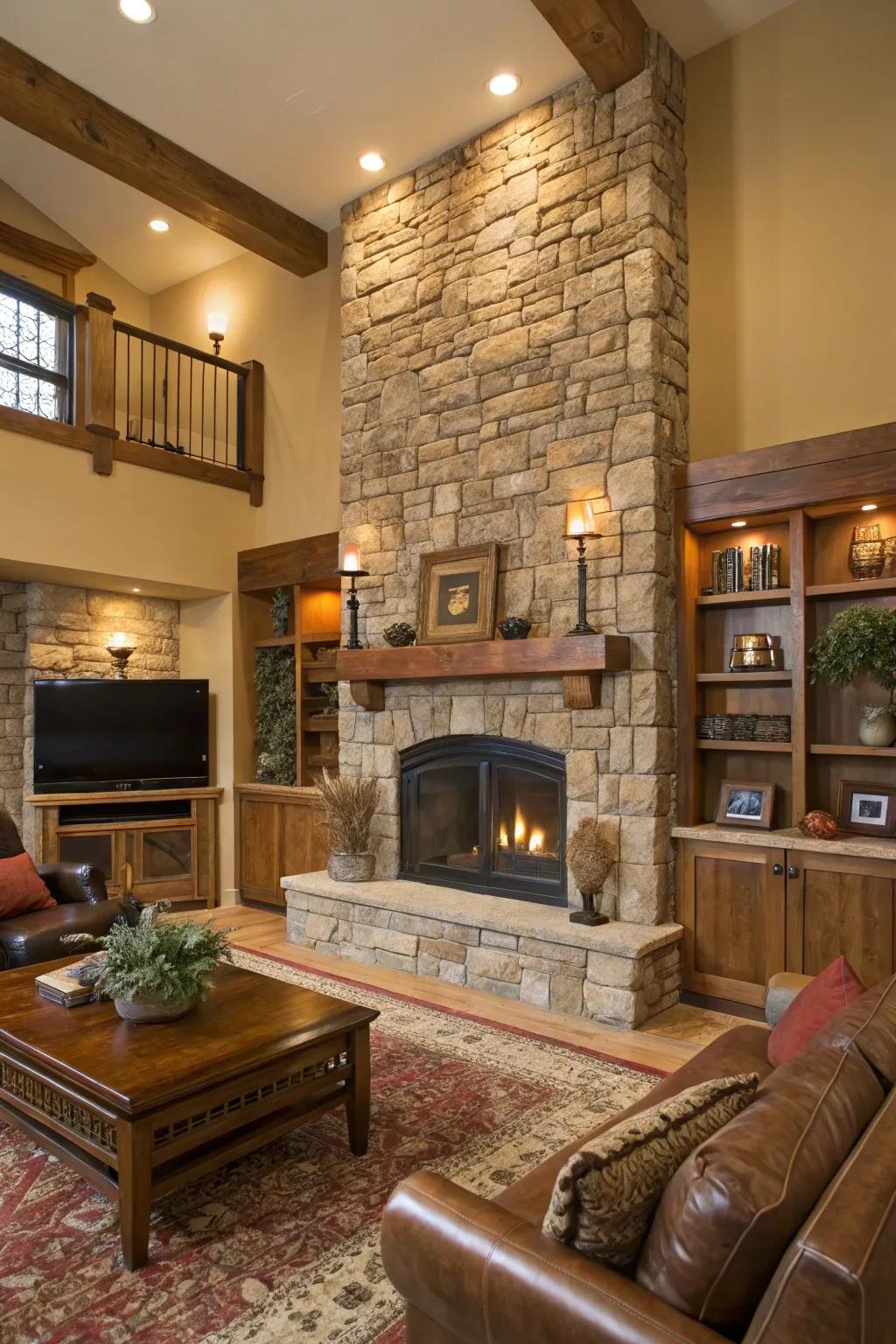 A rock hearth becomes the central element, radiating warmth throughout the countryside lounge.