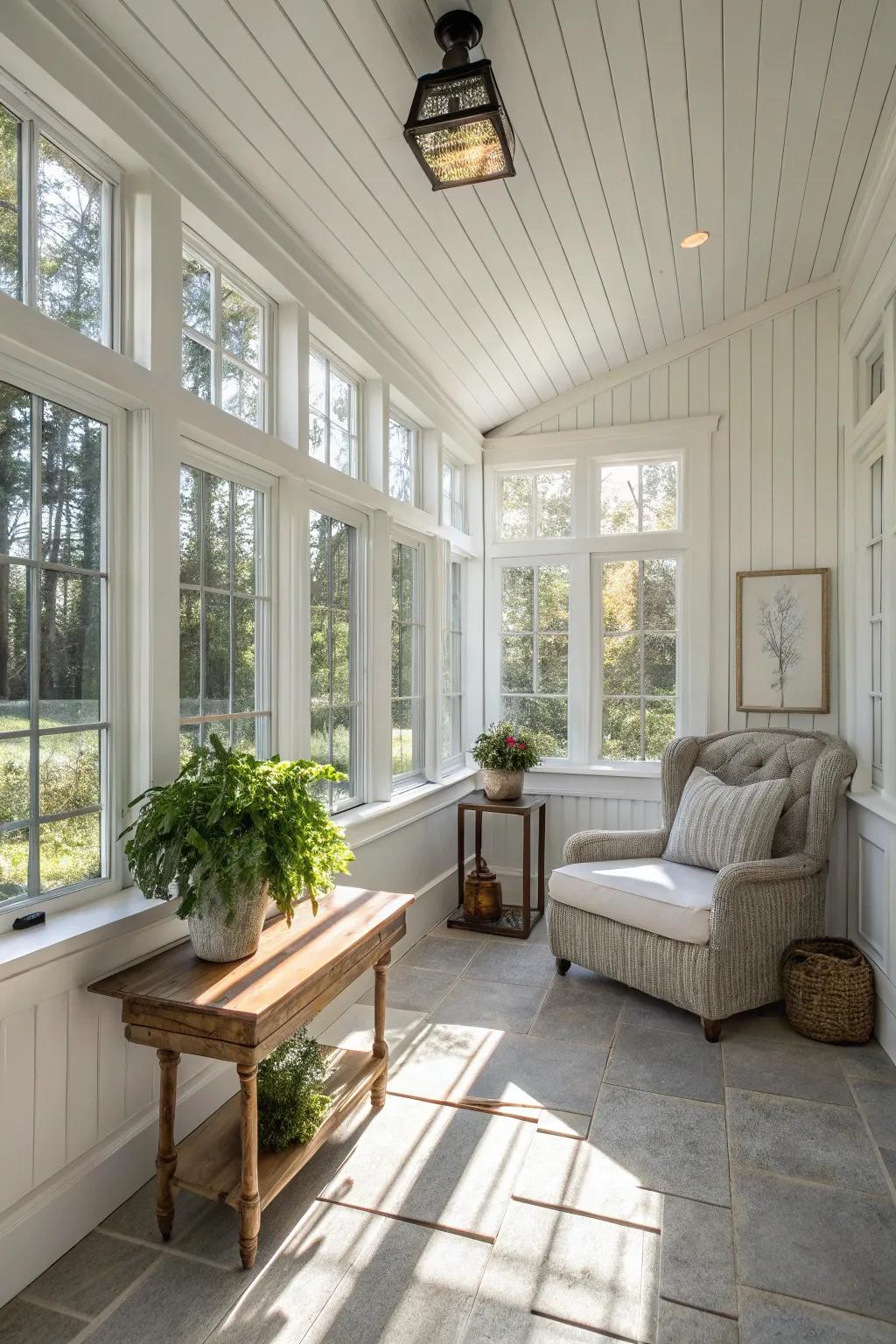 A sunroom styled in classic ivory, radiating panache and serenity.
