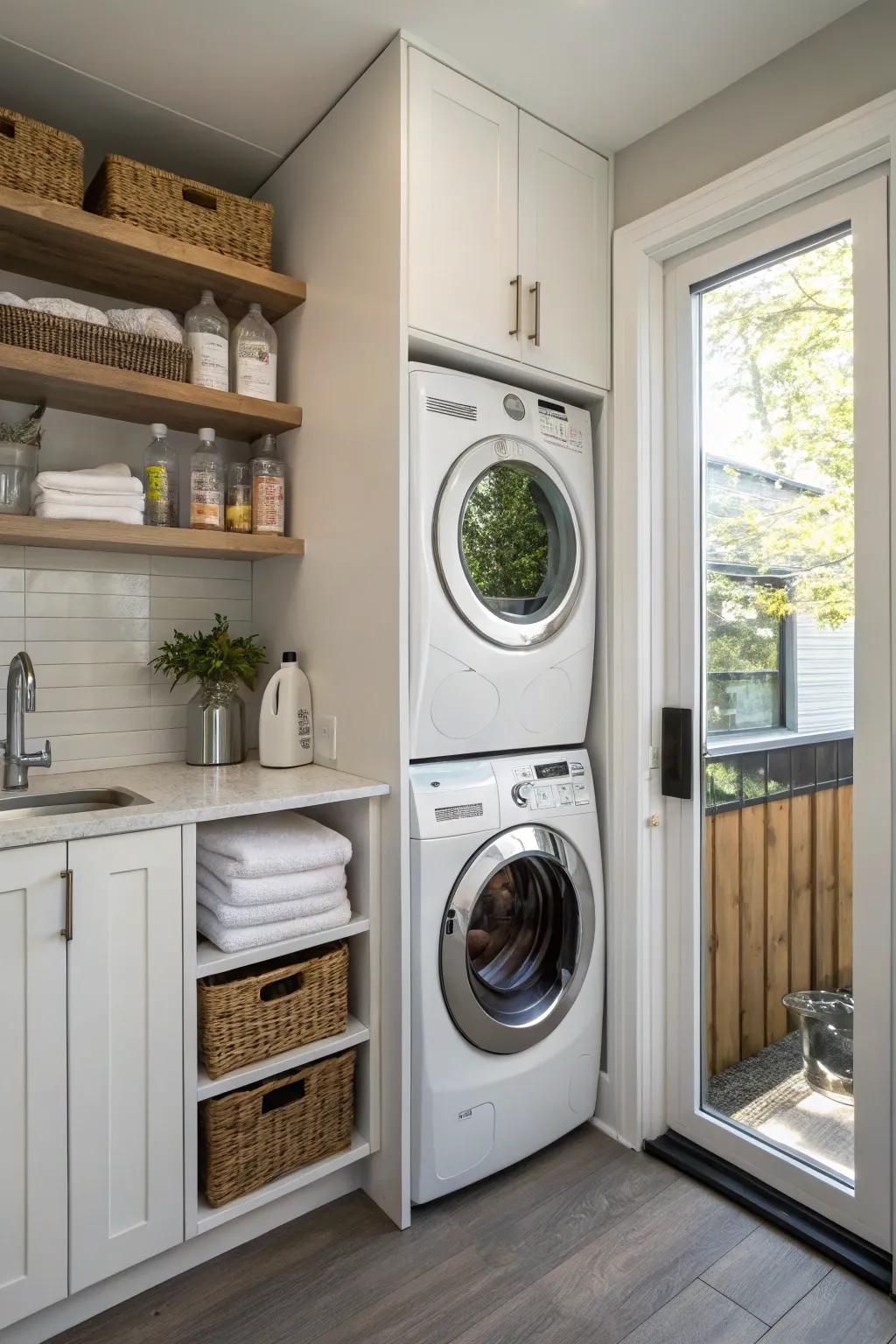 Vertical laundry machines in a kitchen corner maximize space.