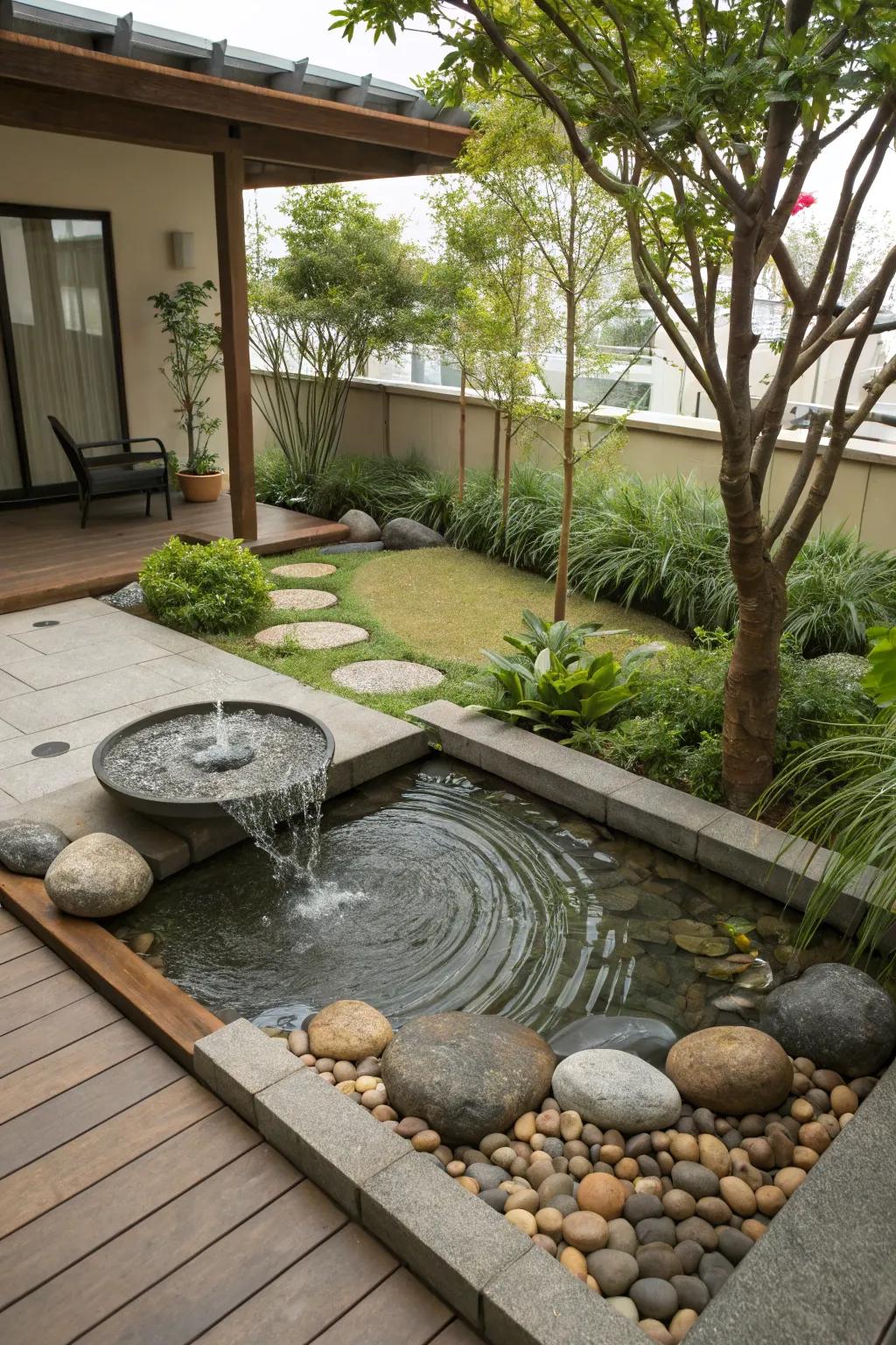 A Zen water sanctuary transforms an outdoor space into a peaceful escape.