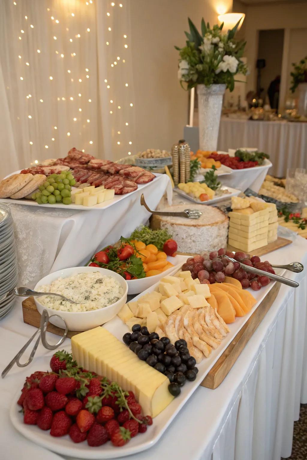 An ample buffet-style arrangement for a wedding breakfast, providing various delightful options.