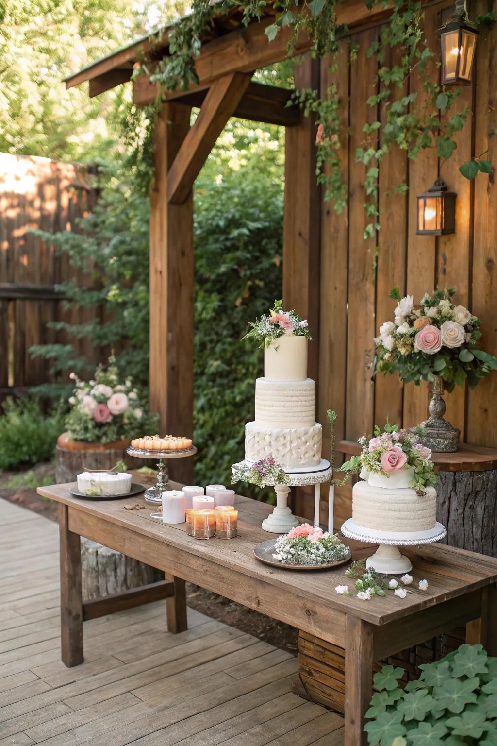 A rustic wedding cake table with wooden textures and verdant highlights.