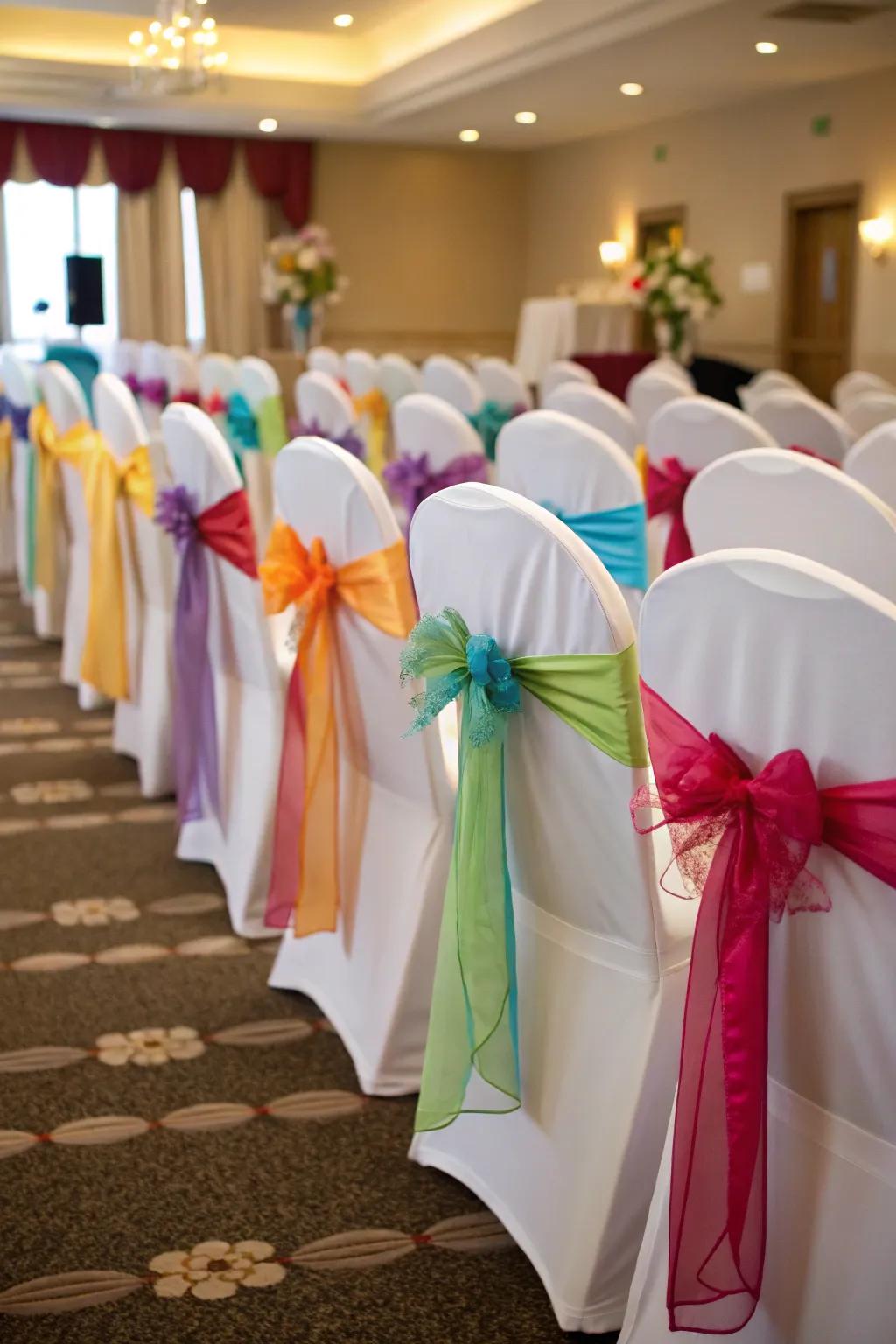 Brighten up your wedding seating with ribbons and knots that harmonize with your motif.