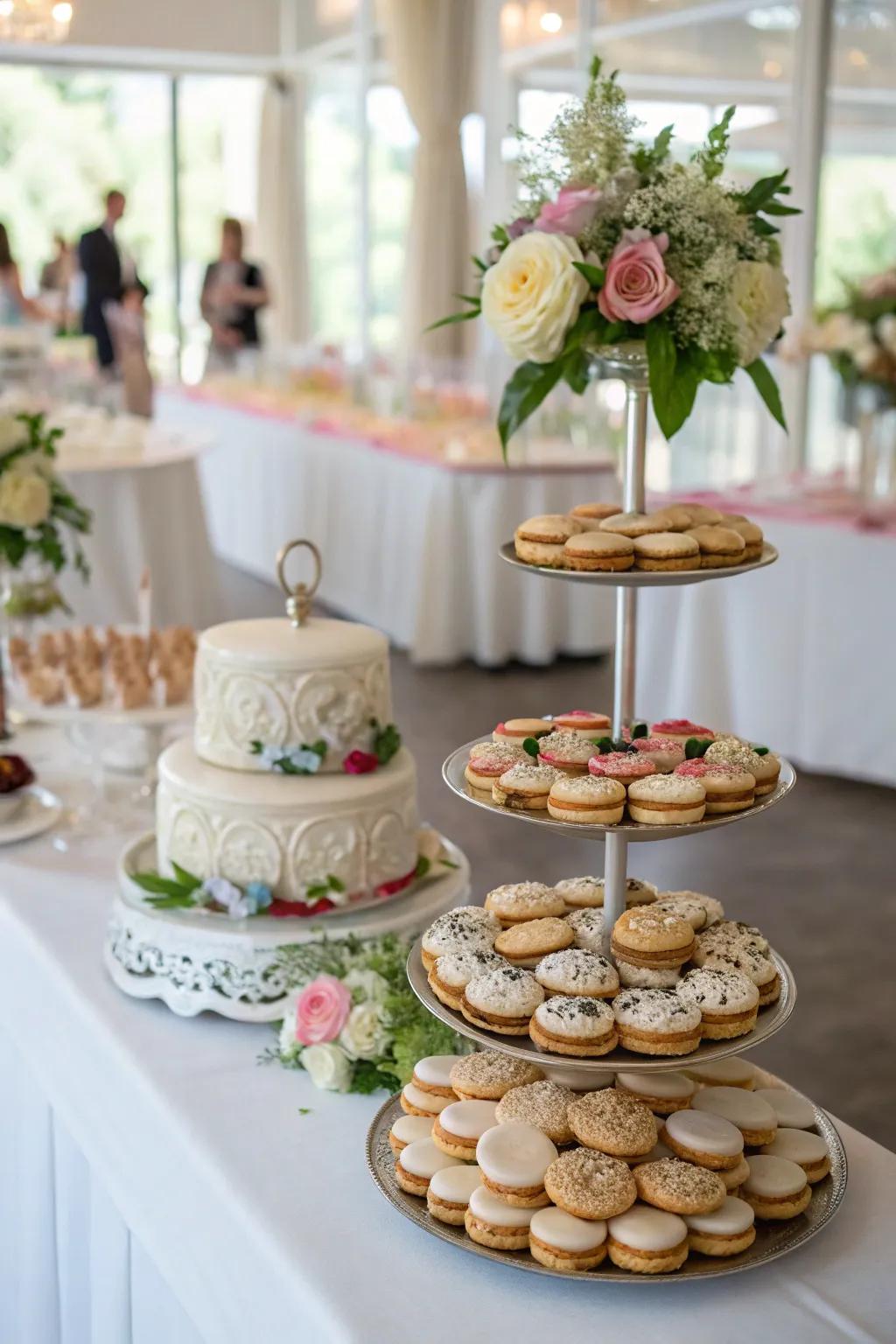 Multi-level stands introduce sophistication and enhance space in a wedding dessert presentation.