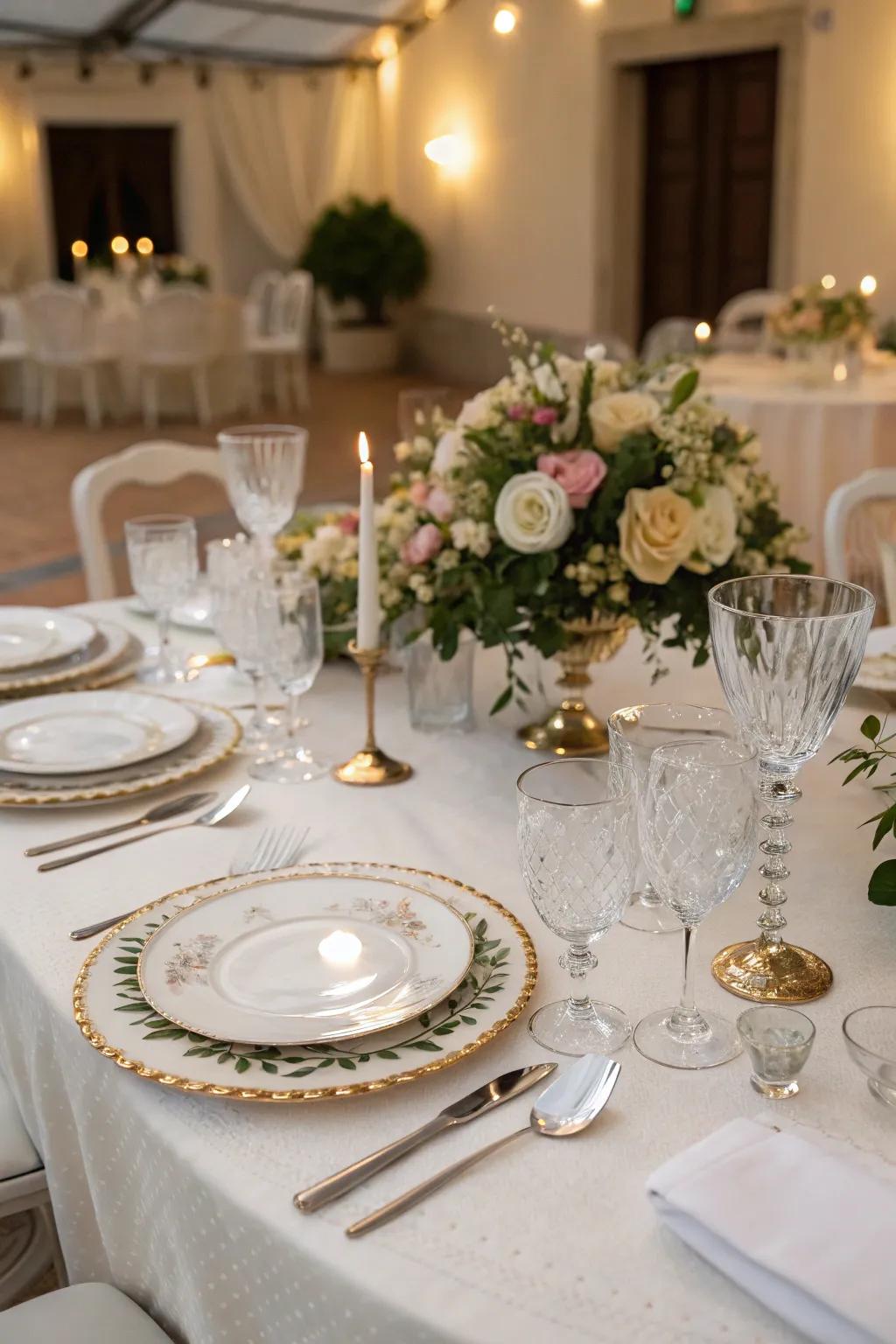 A wonderfully arranged wedding table featuring premium dinnerware and drinkware, ideal for an elegant wedding reception.