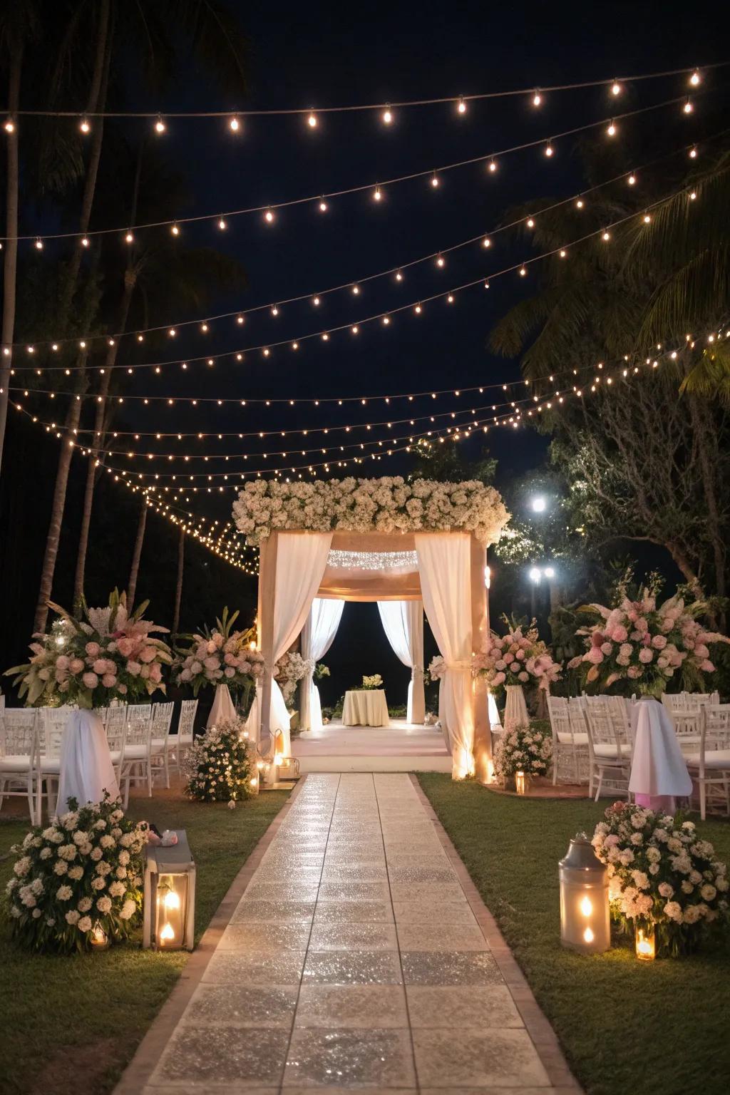 A wedding venue wonderfully lit with strands, creating a romantic vibe.