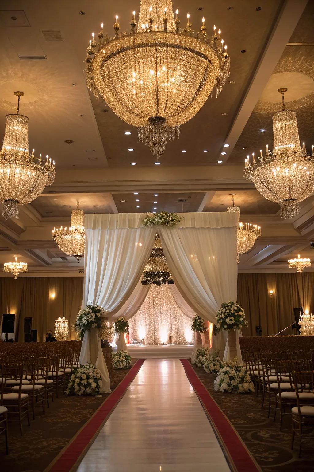 Pair light fixtures and fabrics to create an opulent wedding vibe.