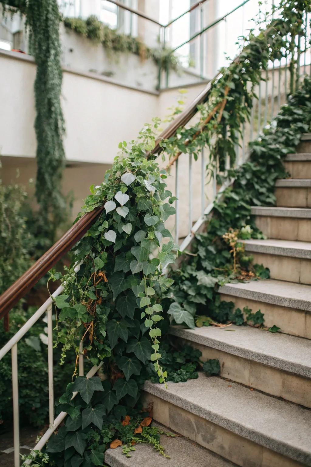 Eucalyptus combined with ivy bestows a revitalizing, genuine atmosphere to this nuptial staircase.