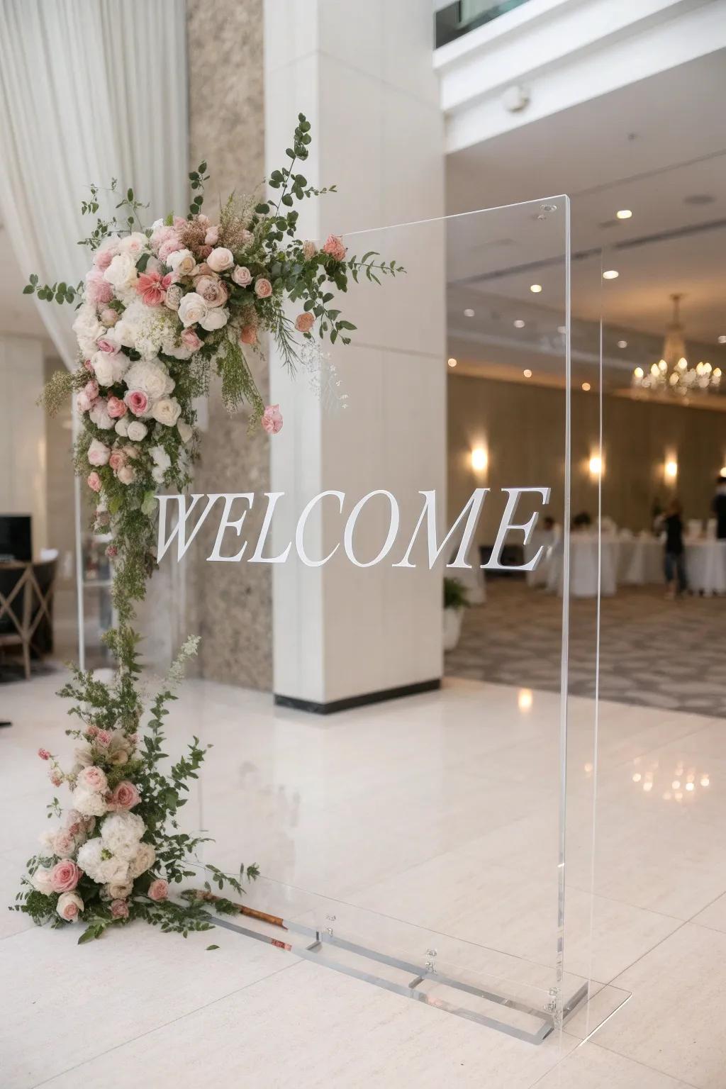 A modern clear welcome board with custom details and floral accents.