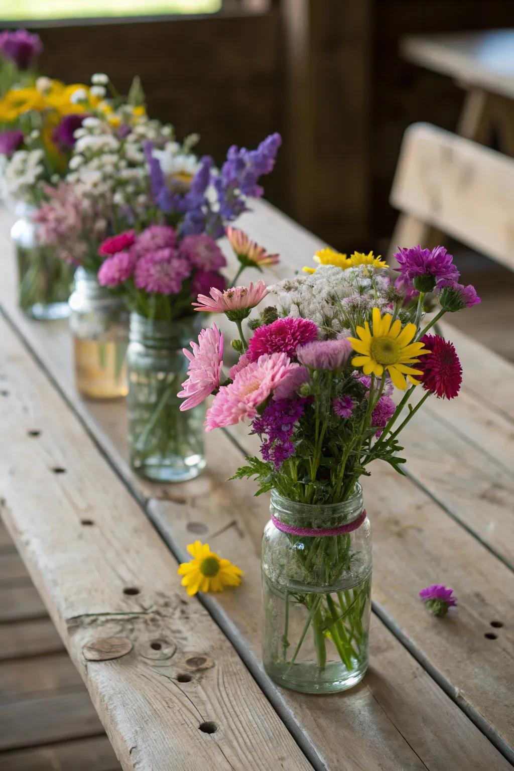 Bricklayer containers filled with wildflowers make a basic but shocking centerpiece.