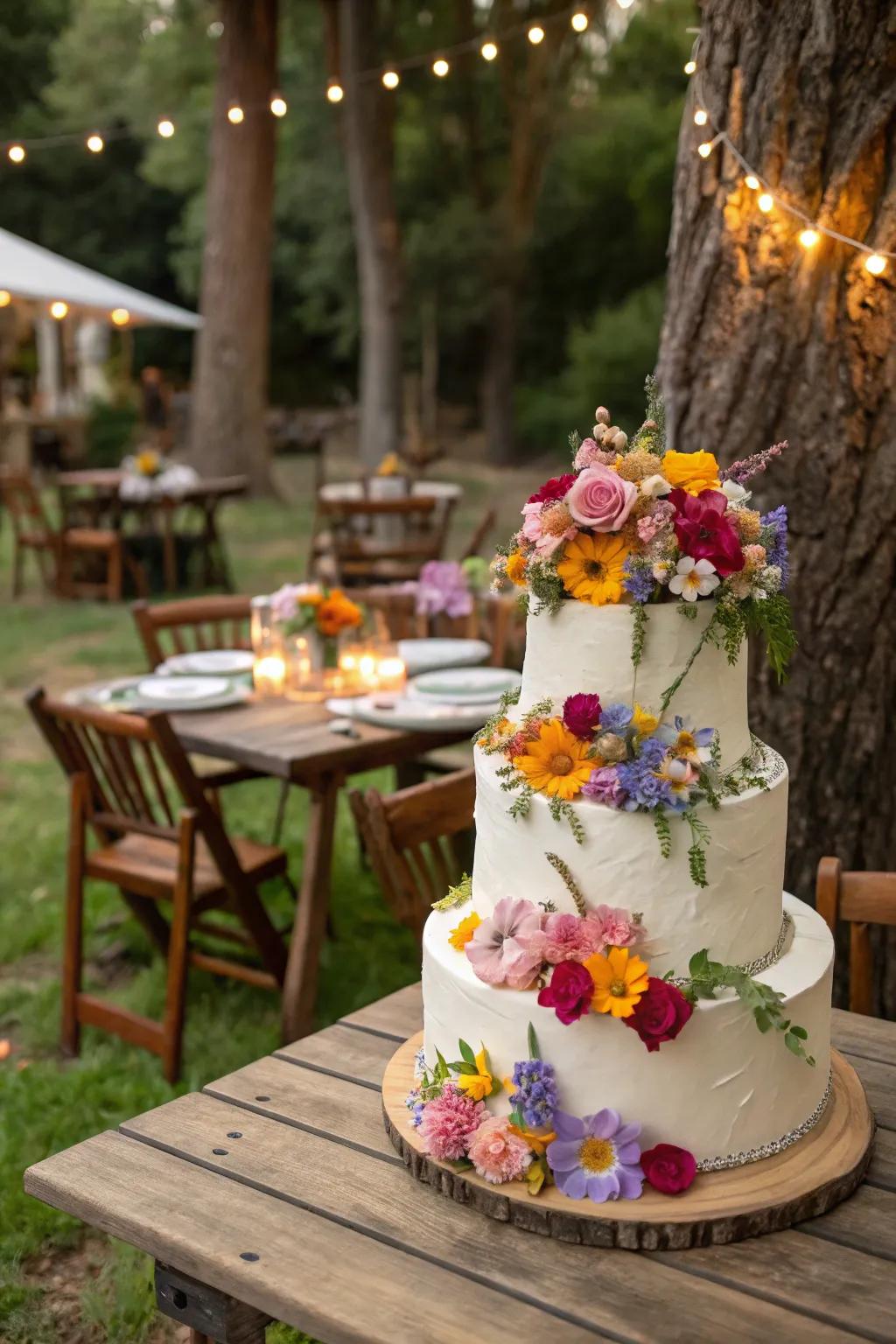 Wedding cake decked out with vibrant eatable blossoms.