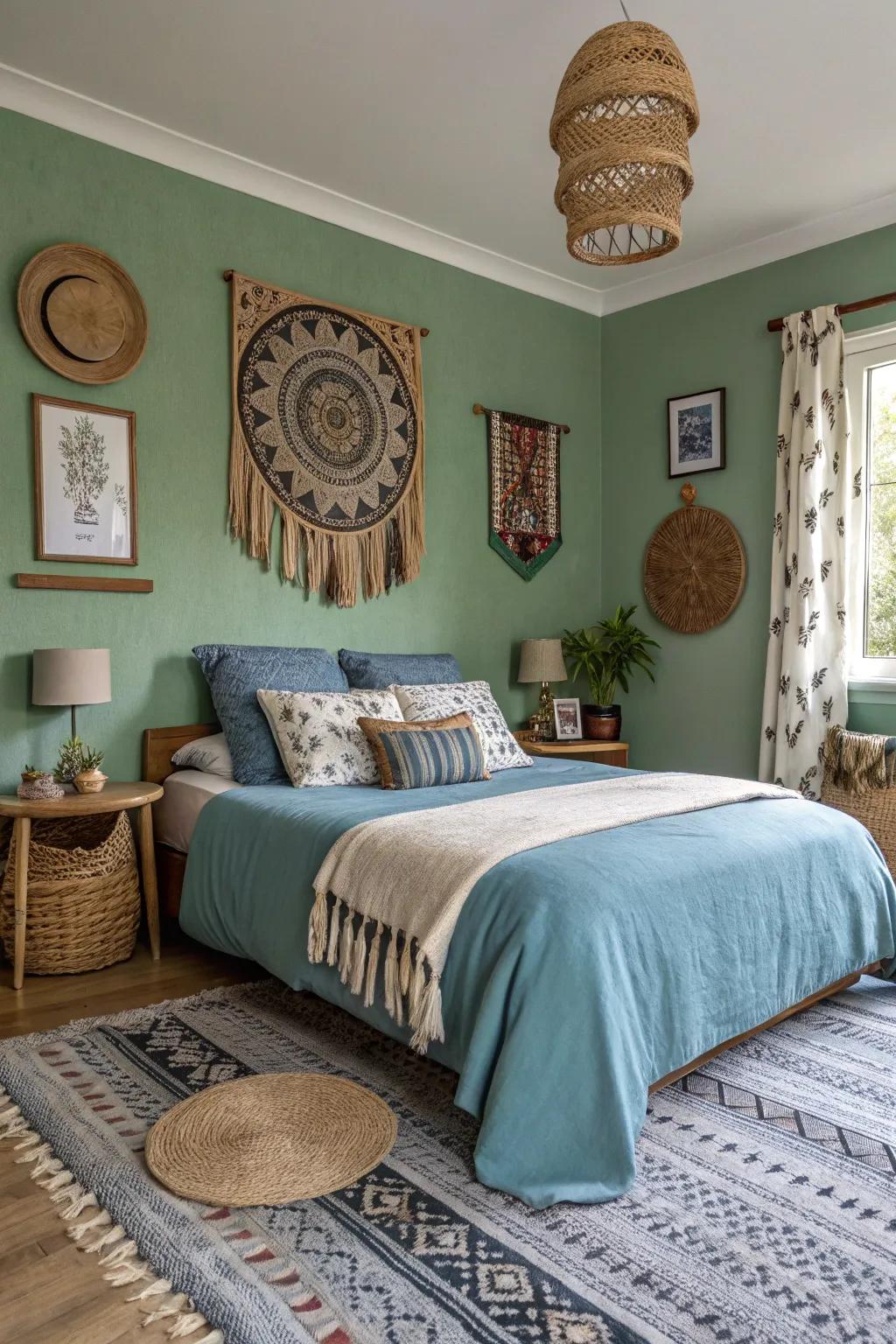 Sleeping quarters showcasing subdued green walls and blue details.