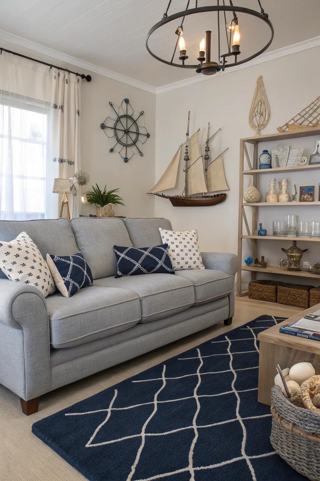 Deep sea carpets deliver a striking and elegant juxtaposition to dove-colored sofas.