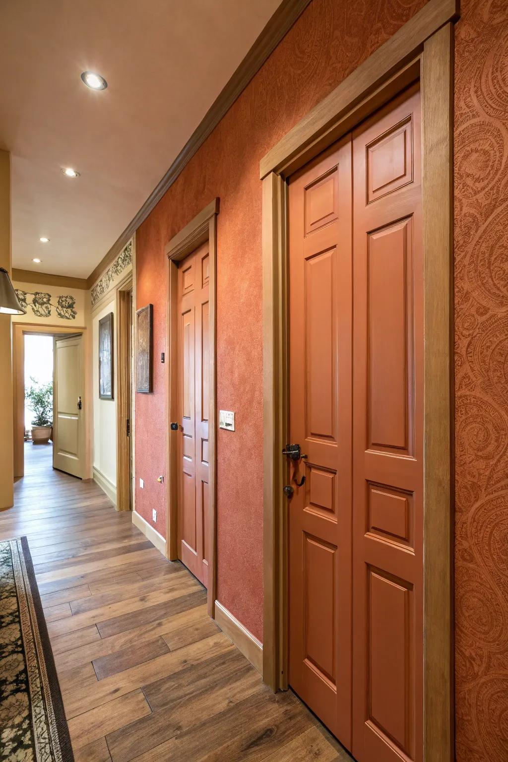 Inviting natural hues on doors foster a welcoming environment.