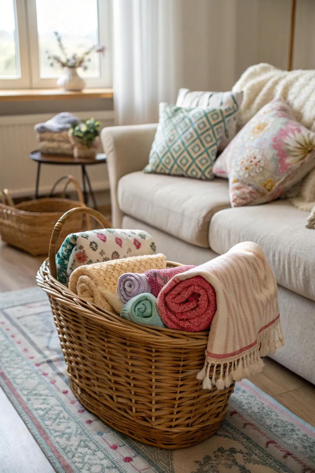 The living area feels cozier and more textured with a basket of soft blankets.