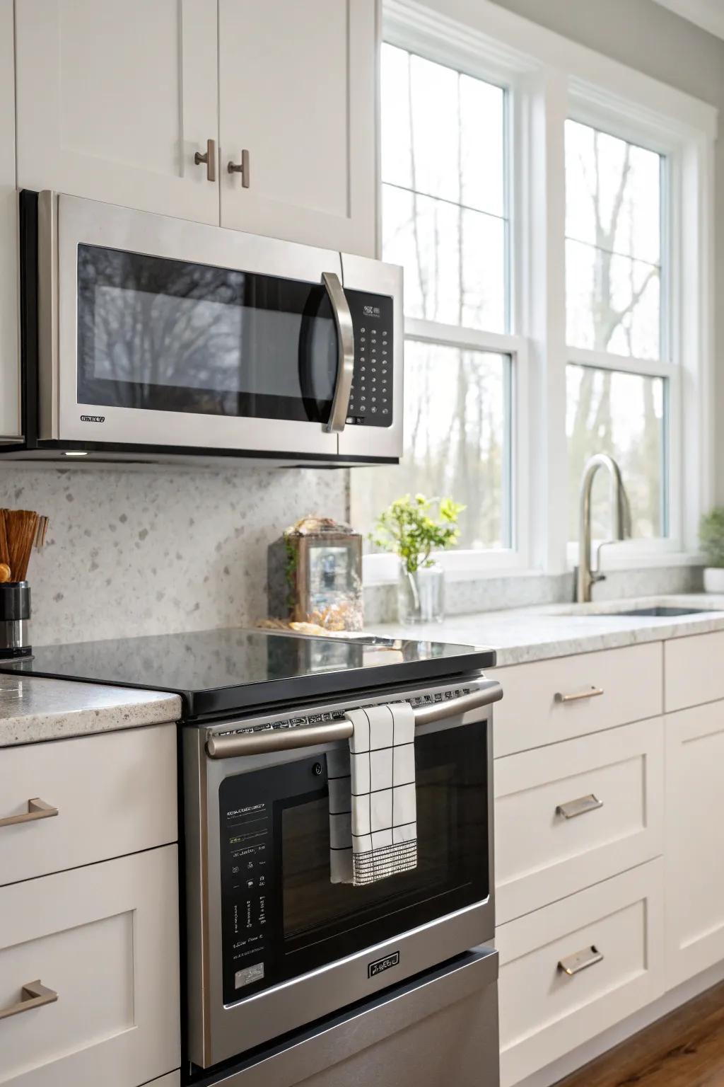 A wave cooker positioned above the range delivers a harmonious blend of style and practicality.