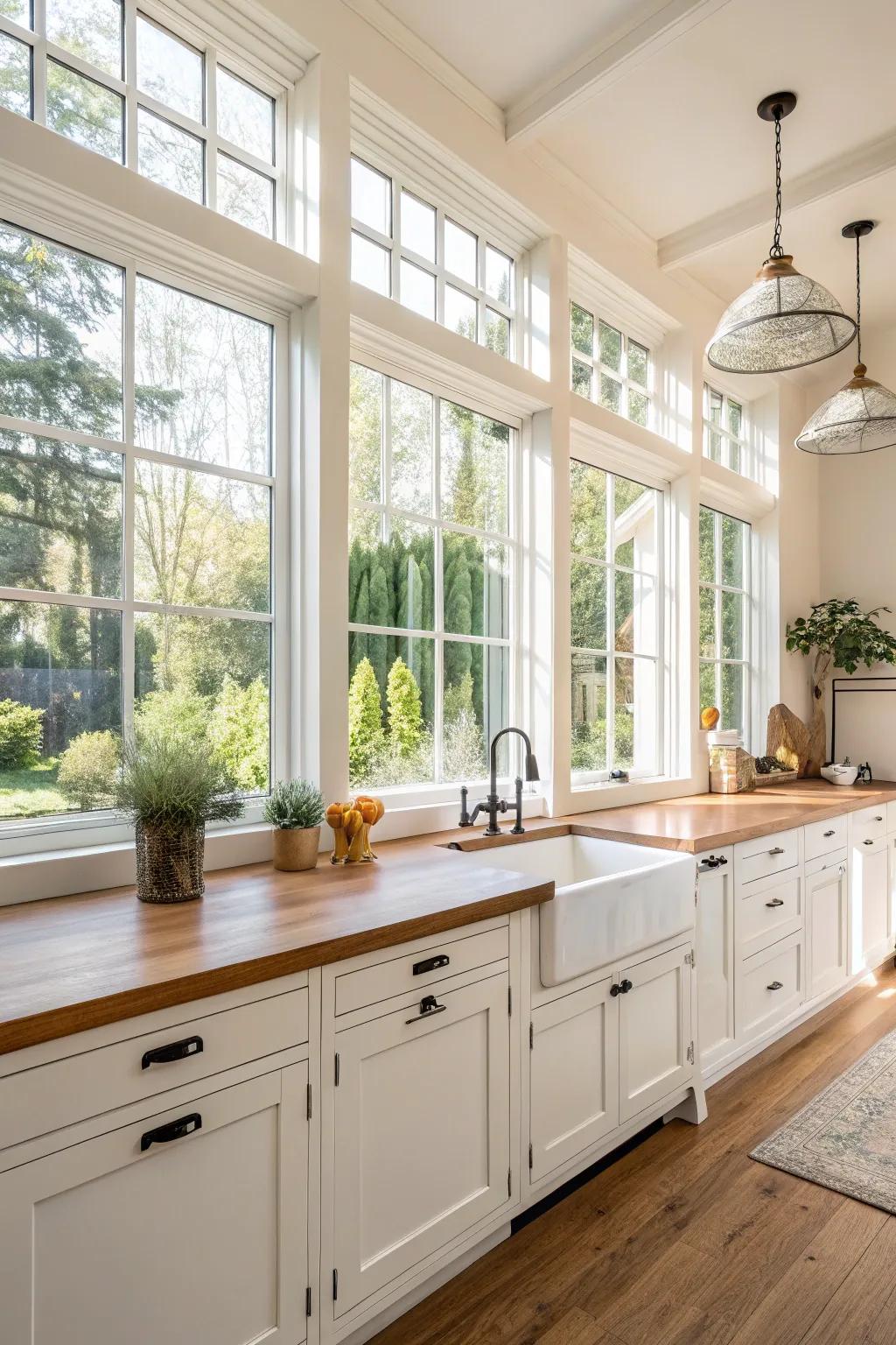 Sunlight cascades into the kitchen, highlighting the beauty of ivory and timber.