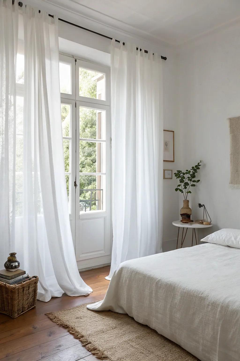 An understated sleeping quarter showcasing ivory drapes and a straightforward ornamental plan.