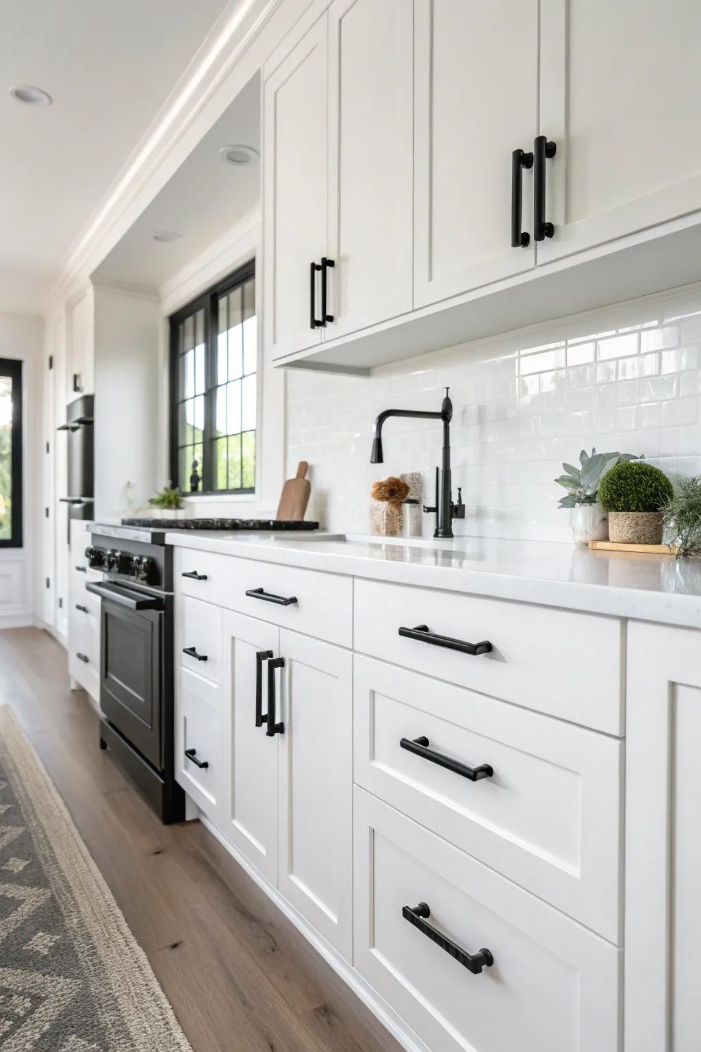 Impressive level black fittings offering a vibrant comparison to light-colored cabinetry.