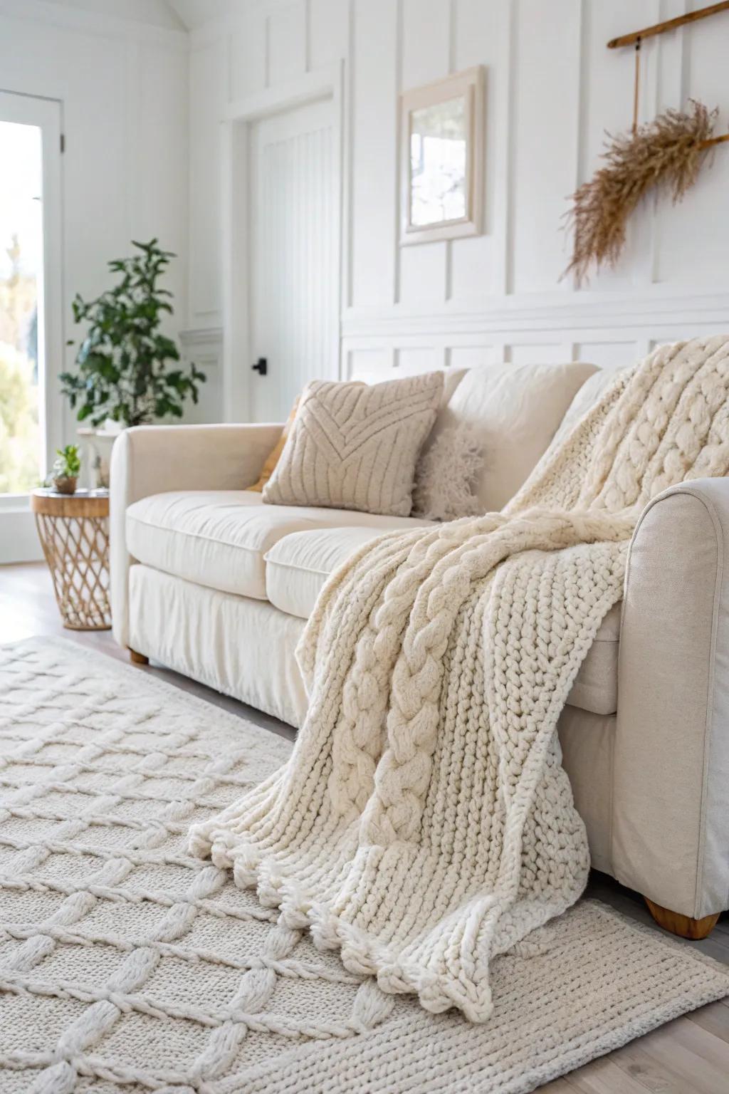 Varied textures introduce coziness and dimension to a white area.