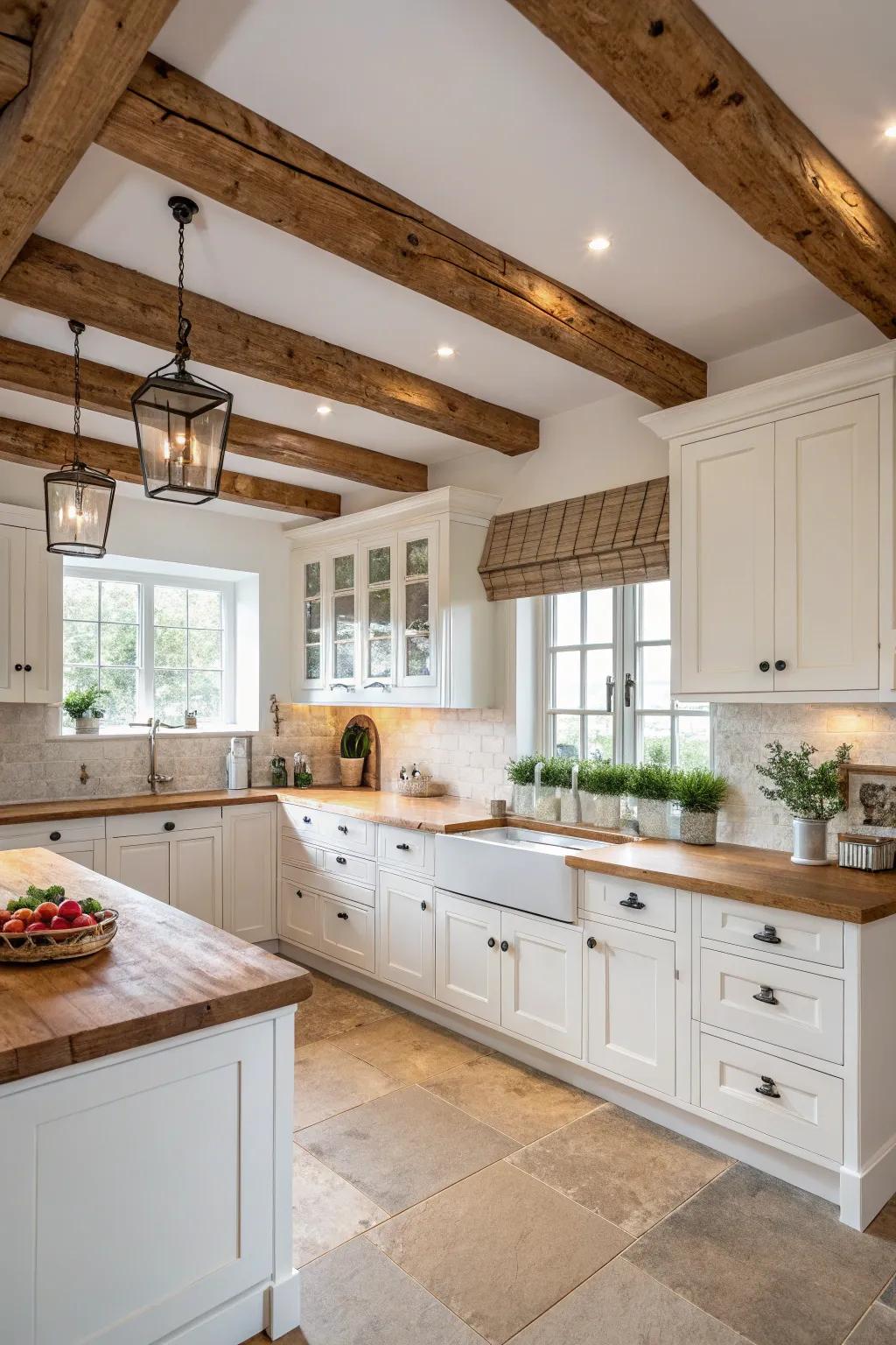 Natural wood features beautifully complement the clear white of the cabinets.