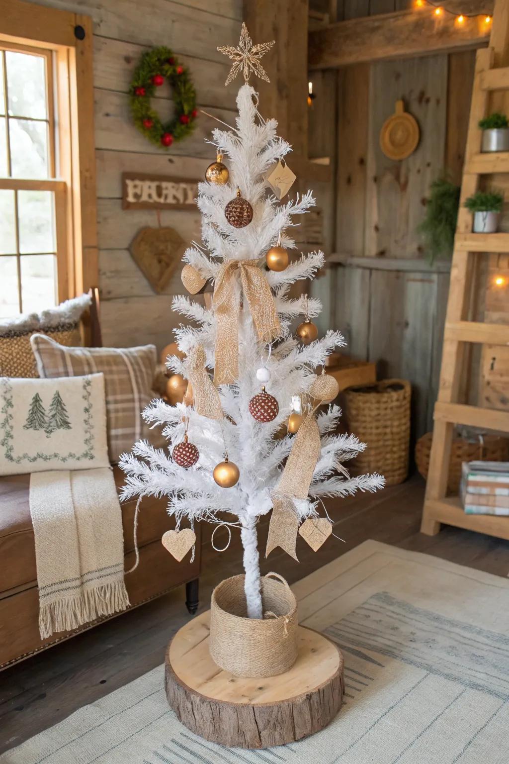 A Scandinavian-inspired white pencil tree using woodland and fabric-like highlights.