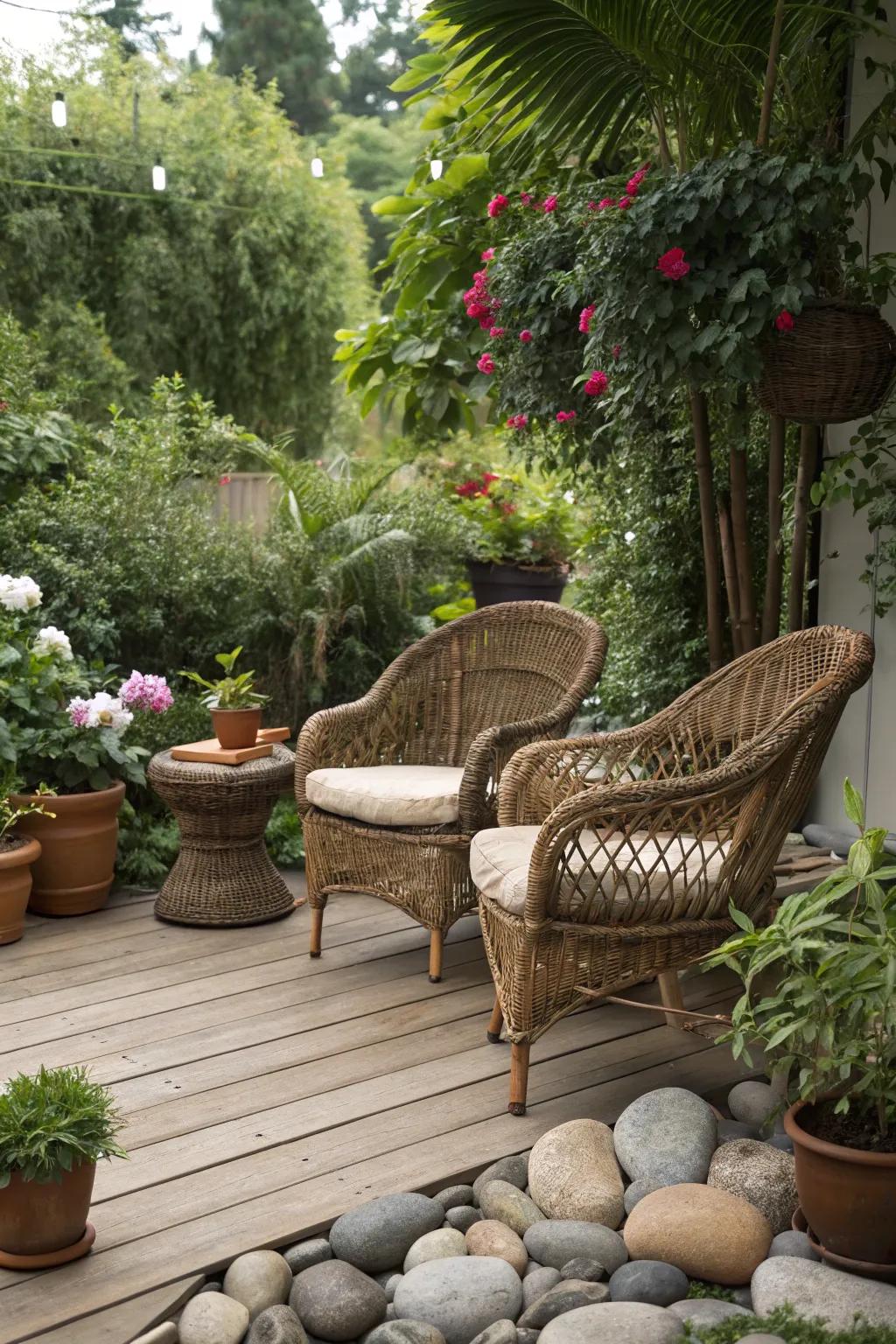 Wicker furnishings merging smoothly with natural elements.