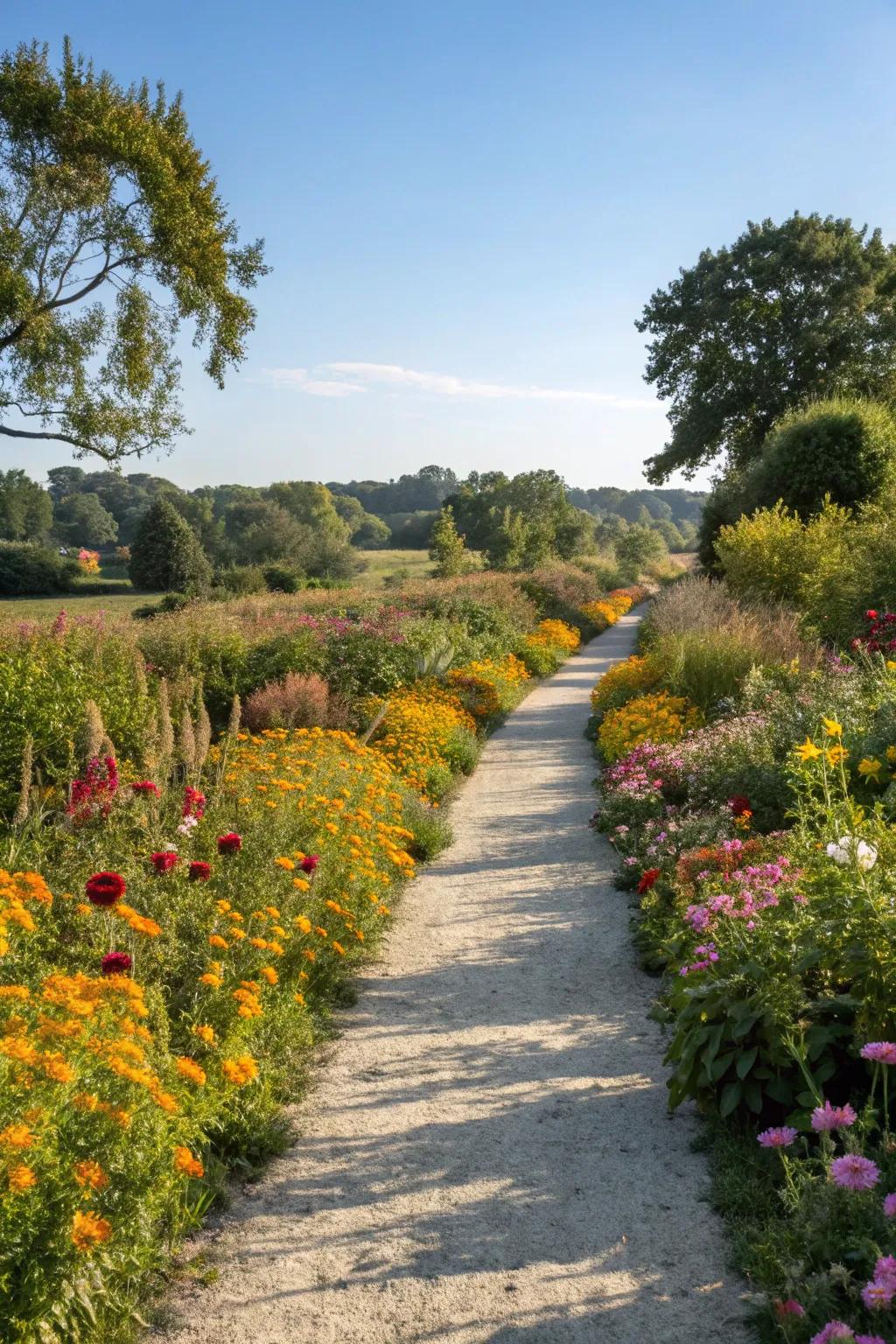 A delightful path bordered by wildflowers, enticing further exploration.