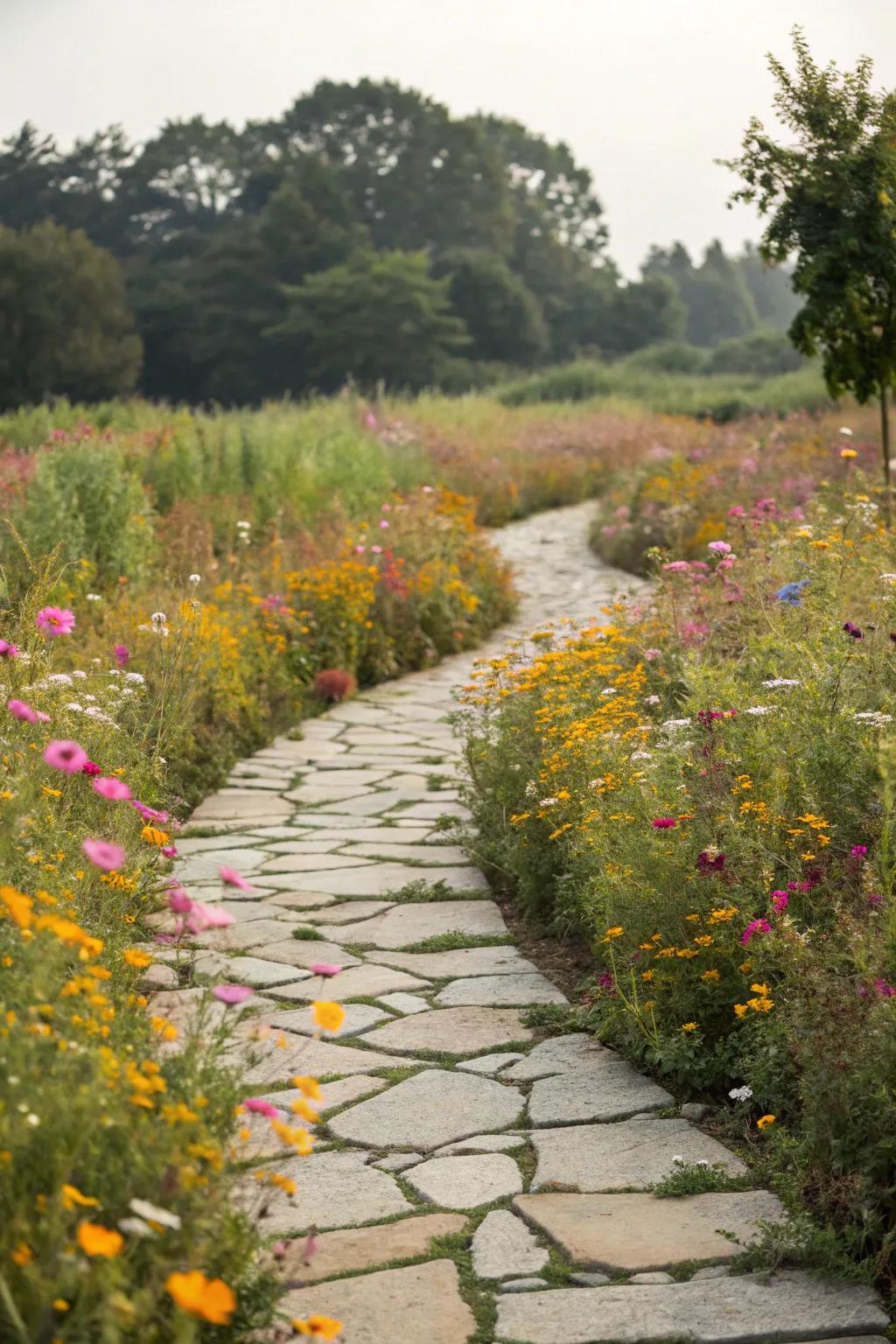 A flagstone footpath welcoming you to explore a botanical refuge.