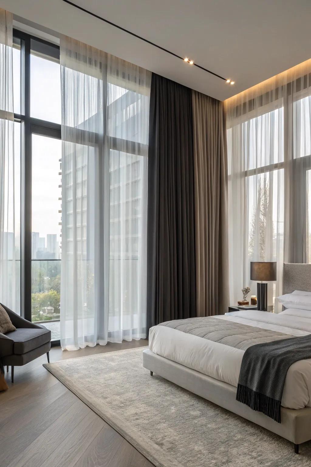 Paired drapes ensure both lighting control and privacy.