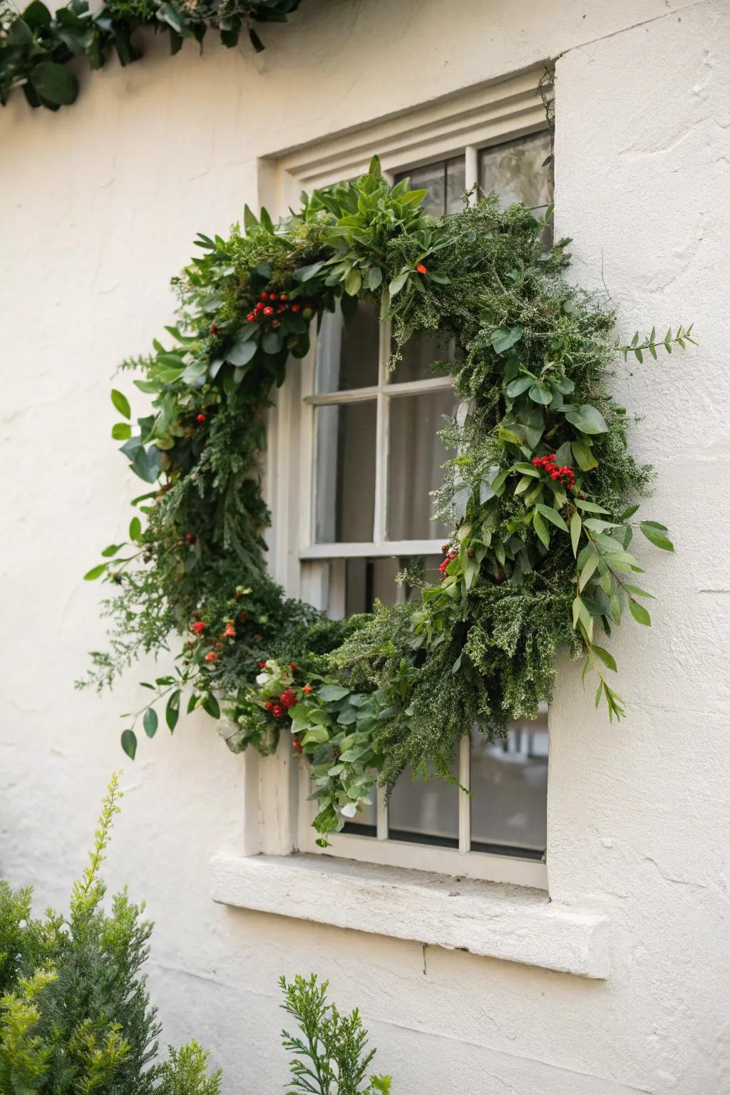 Green wreaths liven up window frames.