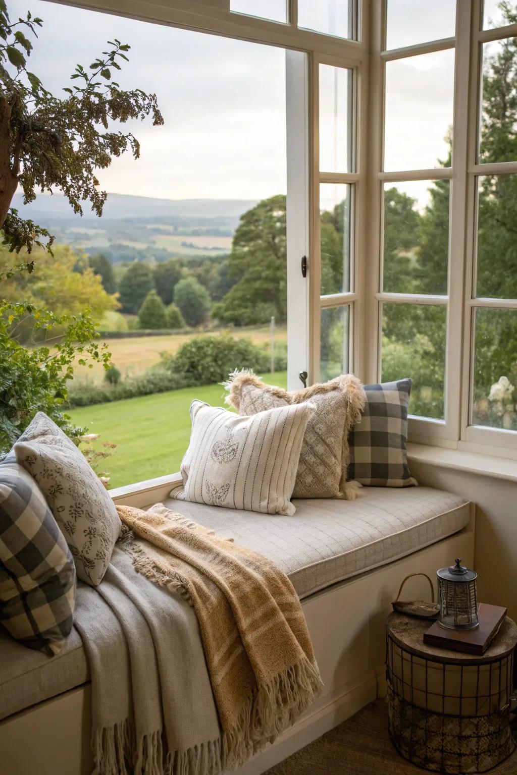 An inviting window seat complete with cushions, setting the stage for relaxation.