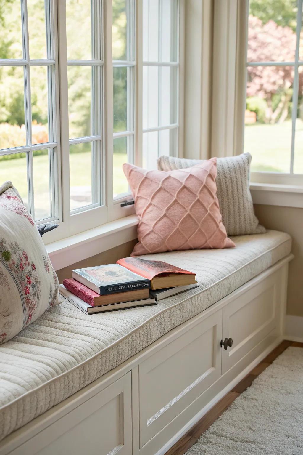 A built-in window bench featuring soft cushions and literature.