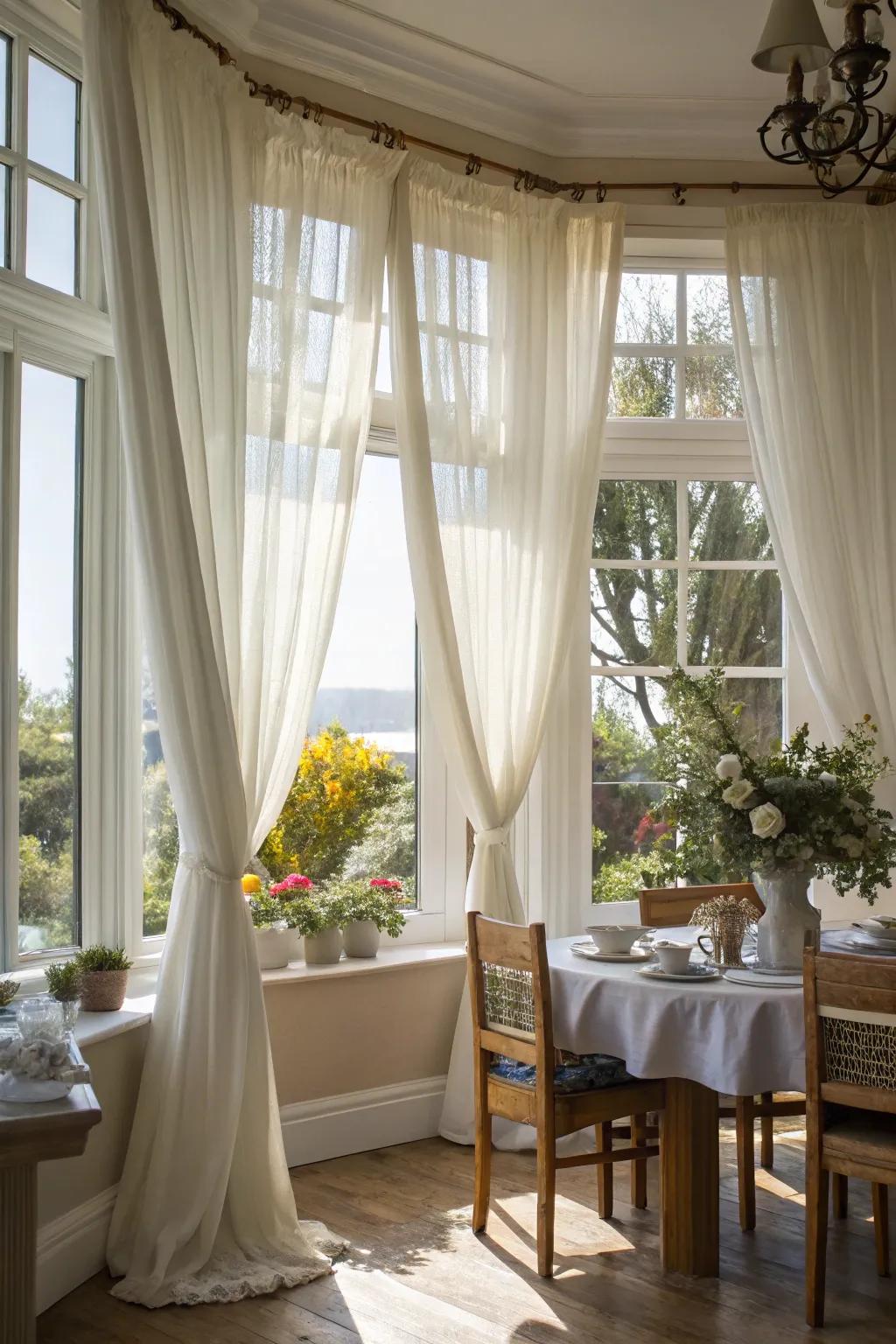 Wispy curtains provide both charm and seclusion.
