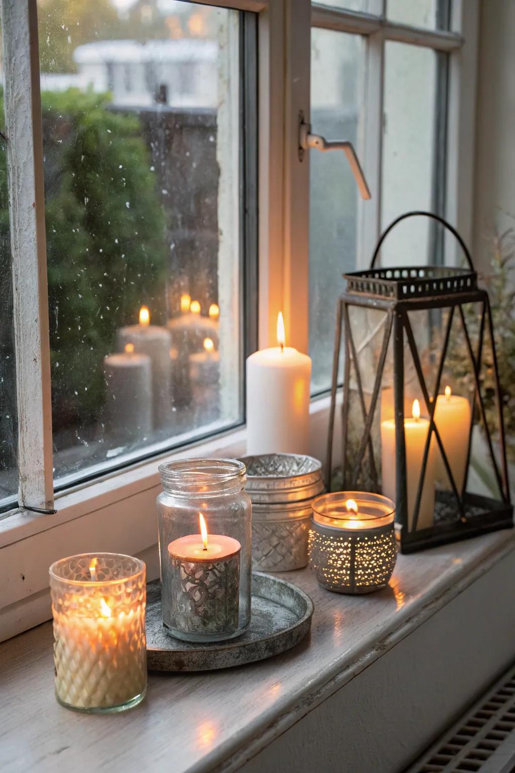 Candles positioned on the windowsill produce a peaceful and comfortable atmosphere.