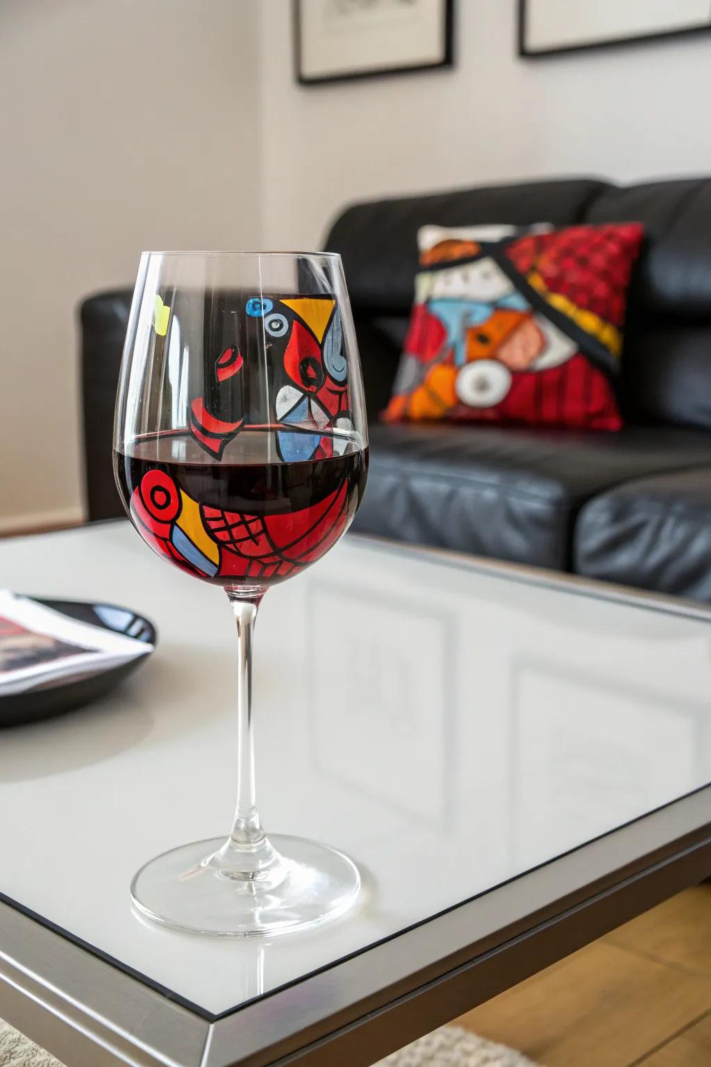 Abstract art on a wine glass transforms each sip into an artful moment.