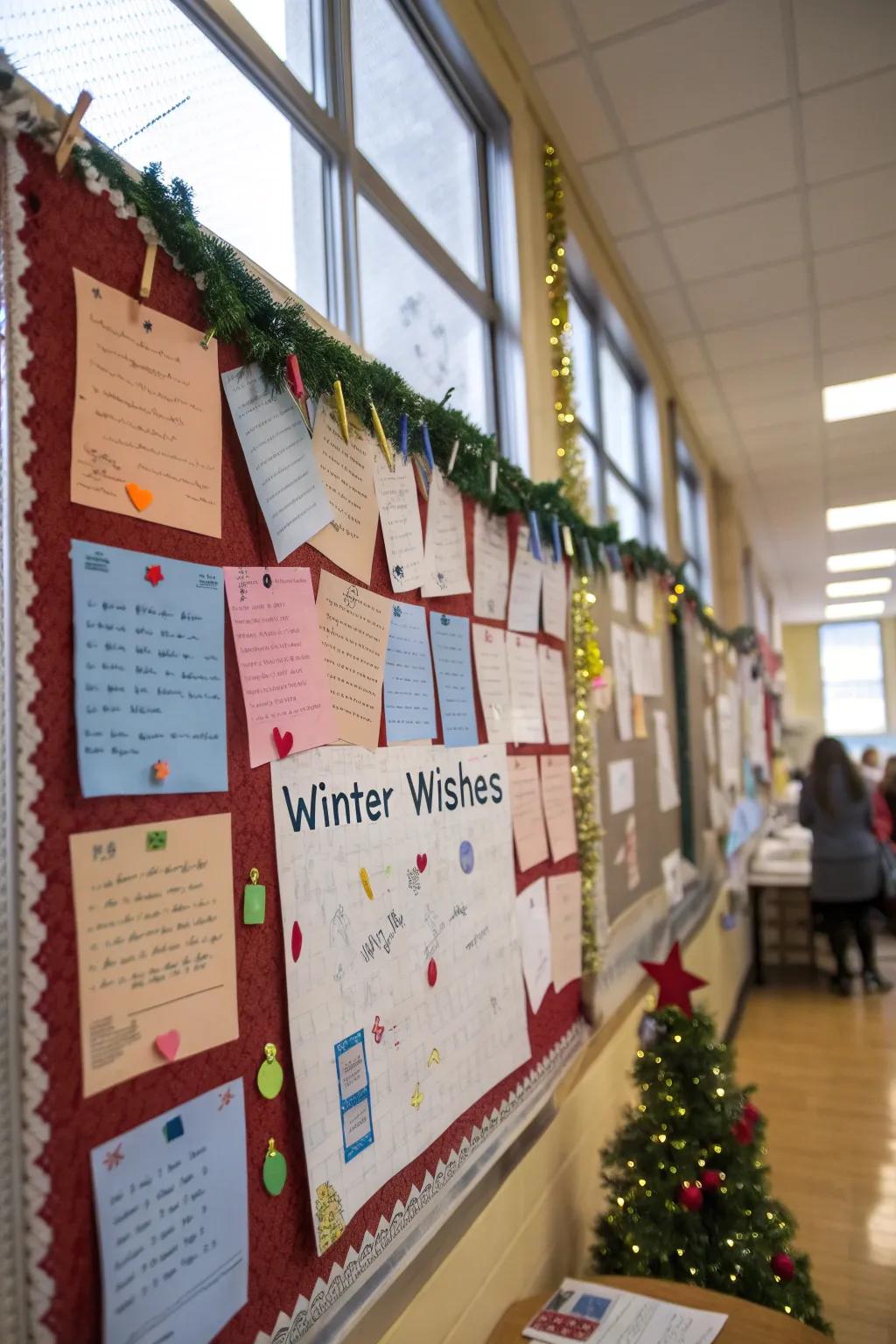 Students' penned winter wishes shape an affectionate and engaging display.