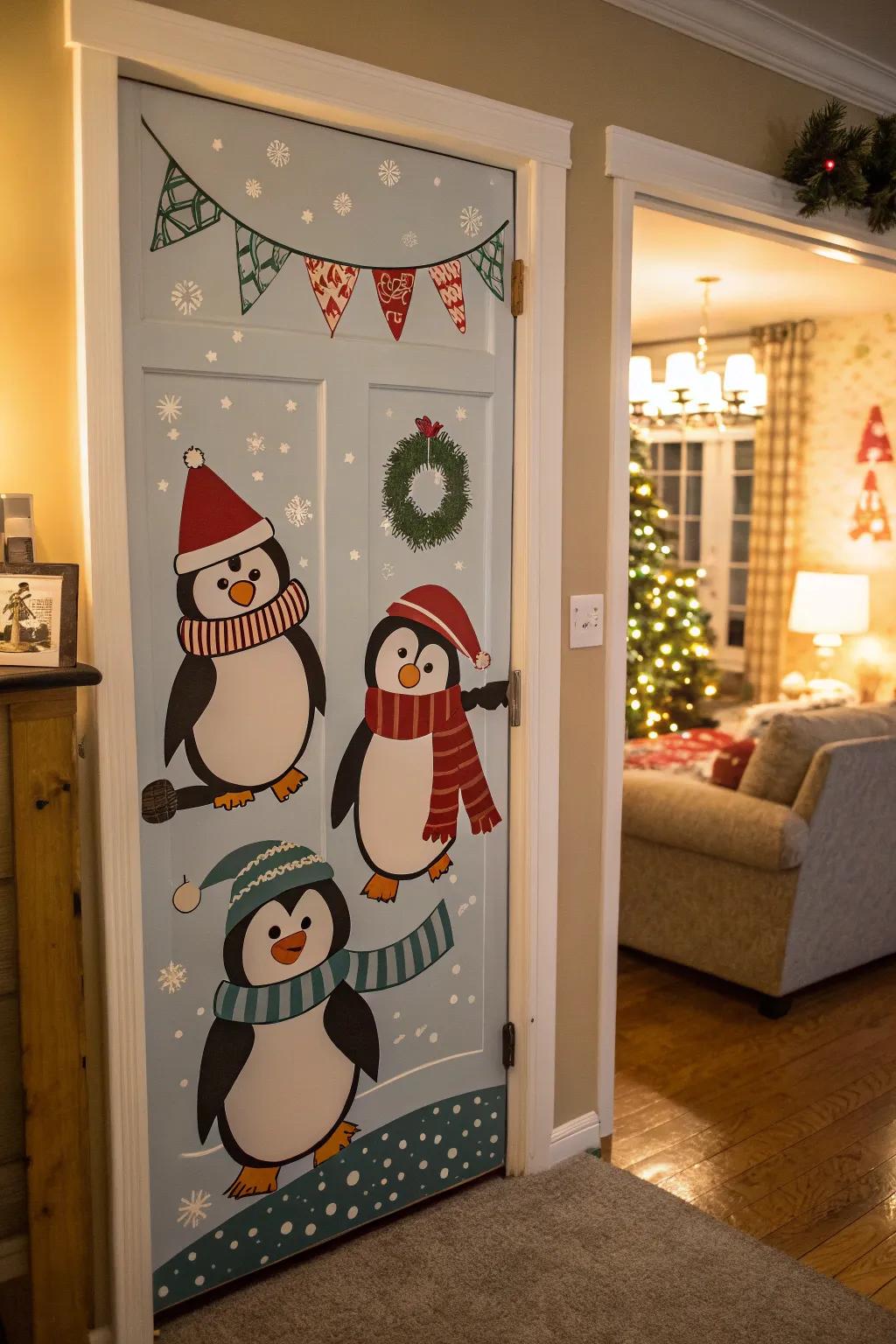 A quirky flightless bird festivities doorway to offset the winter's cold.