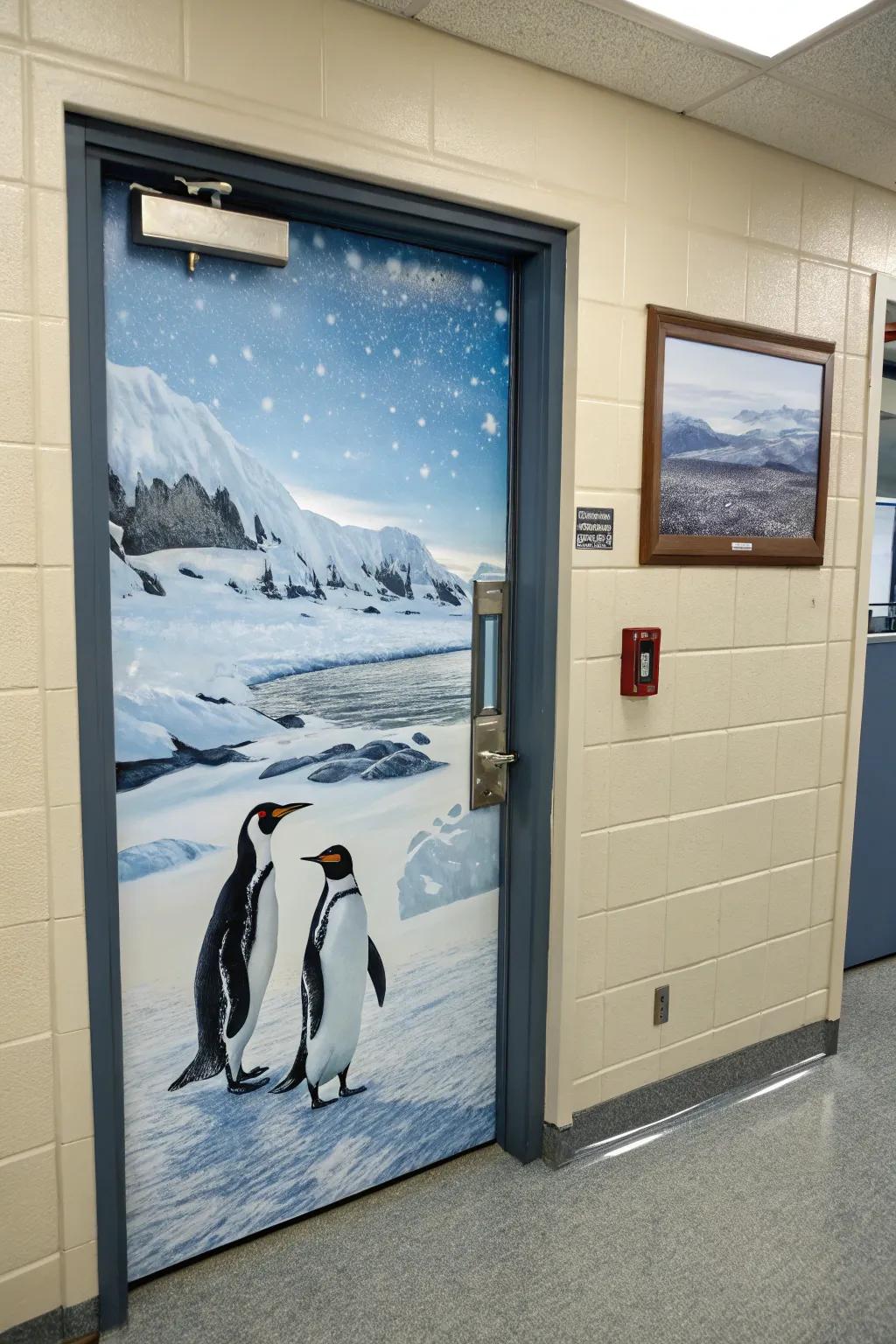 Flightless Fowl impart whimsical charm to this wintry academy doorway