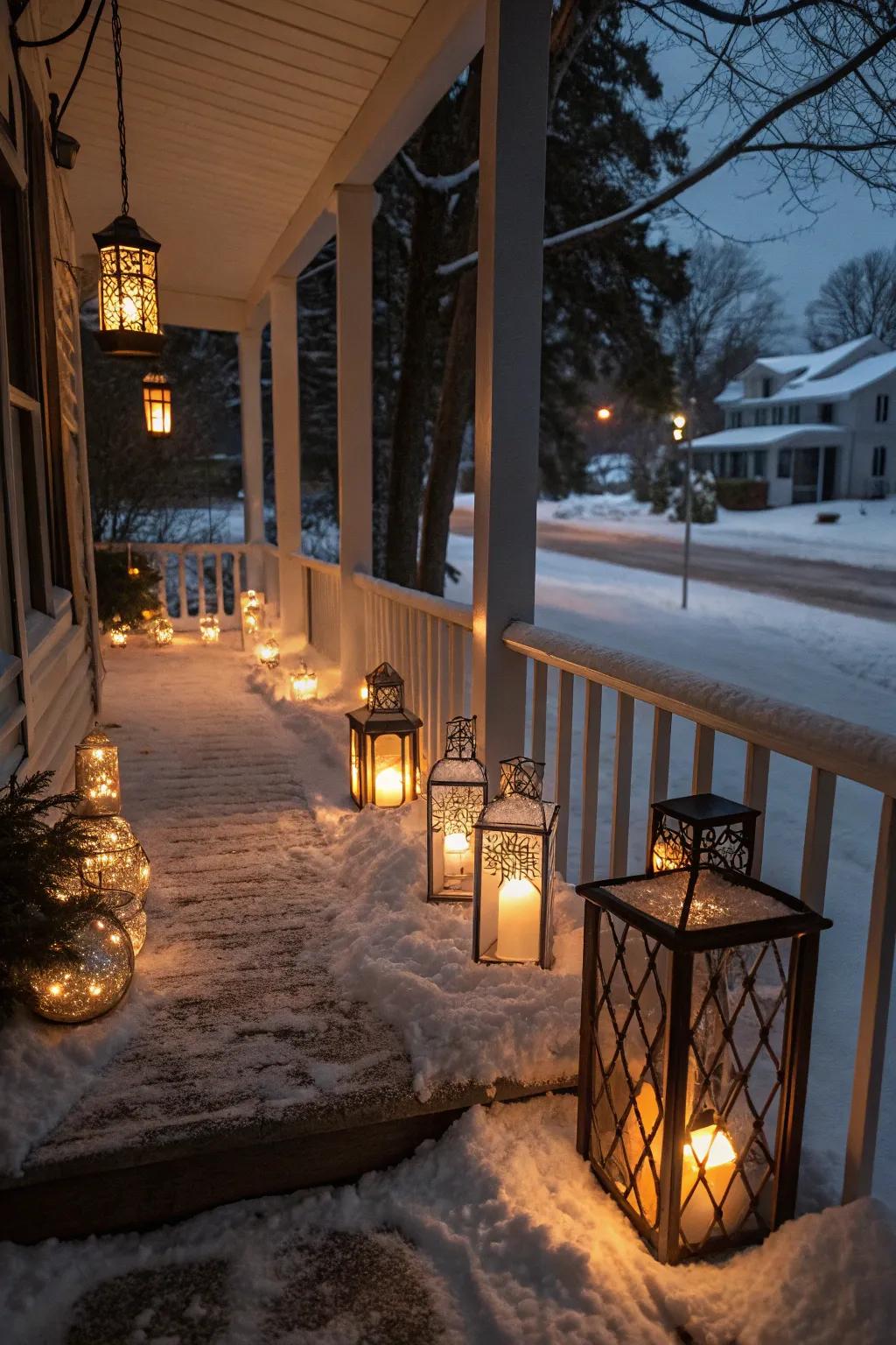 A winter porch softly illuminated by a collection of glowing lanterns.