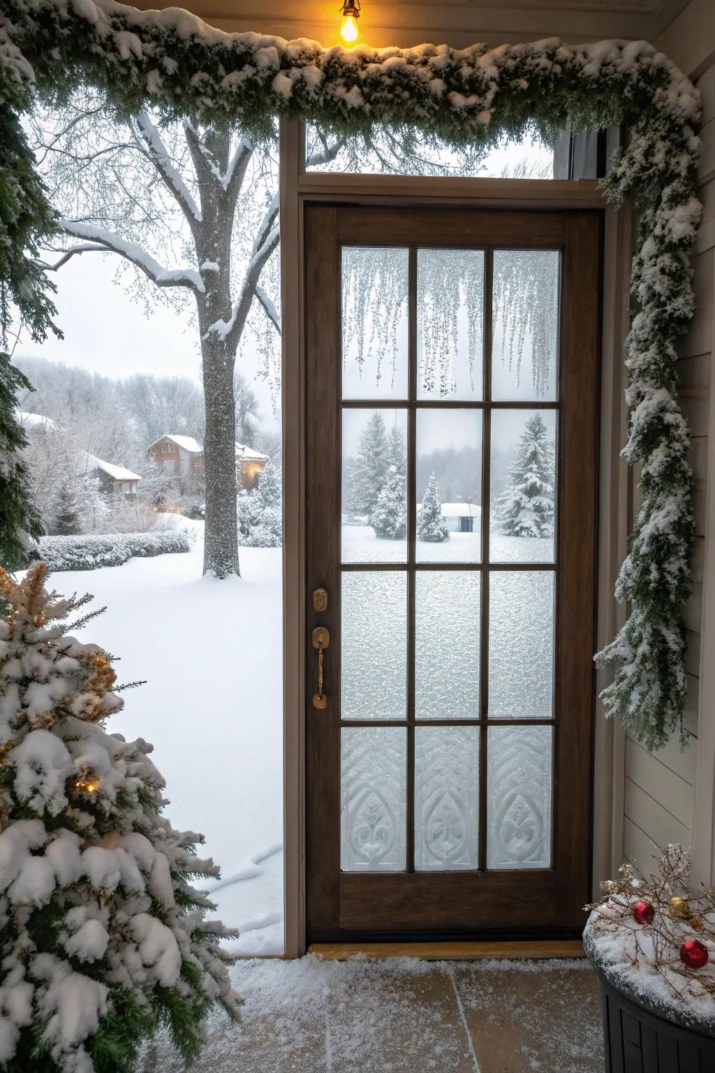 Iced over window sections produce a tranquil, wintry mood.