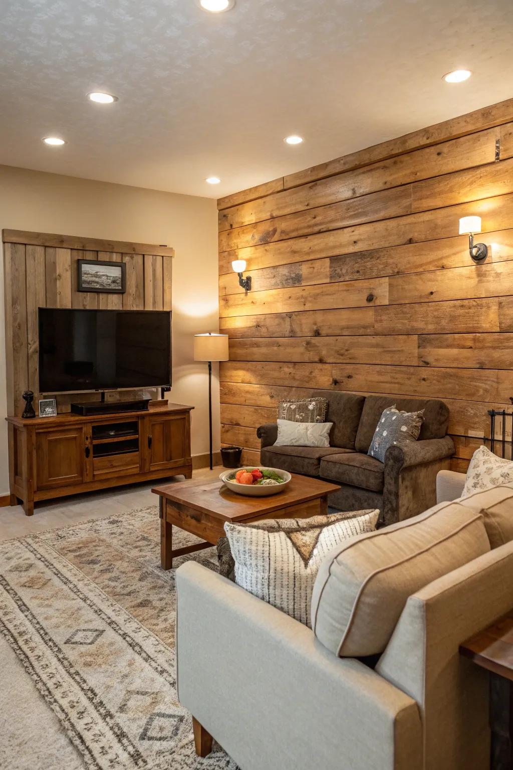 A living room featuring a welcoming and cozy natural timber accent wall.