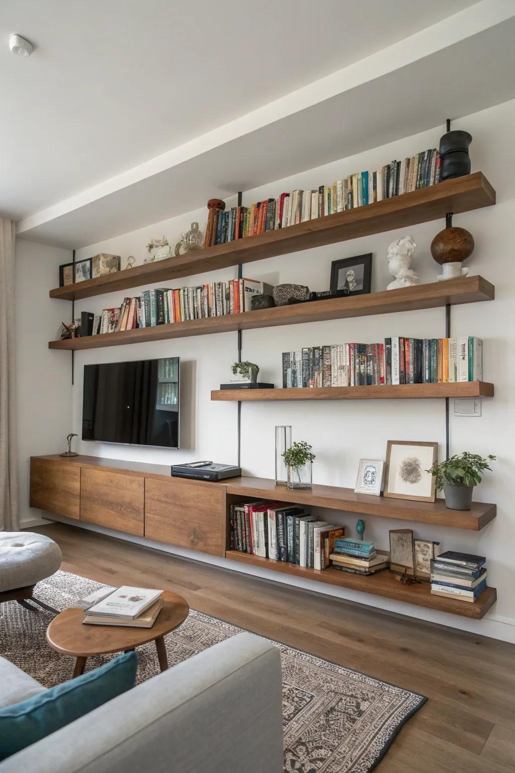 Blending fashion and practicality, timber shelves enrich any area.