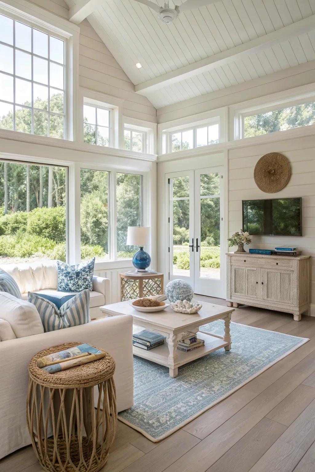 Vibrant and airy living space featuring white oak flooring.