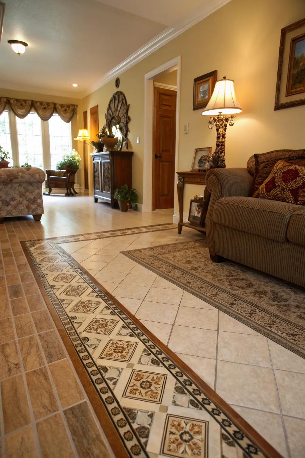 A living space displaying a traditional border moving from tile to wooden floors.