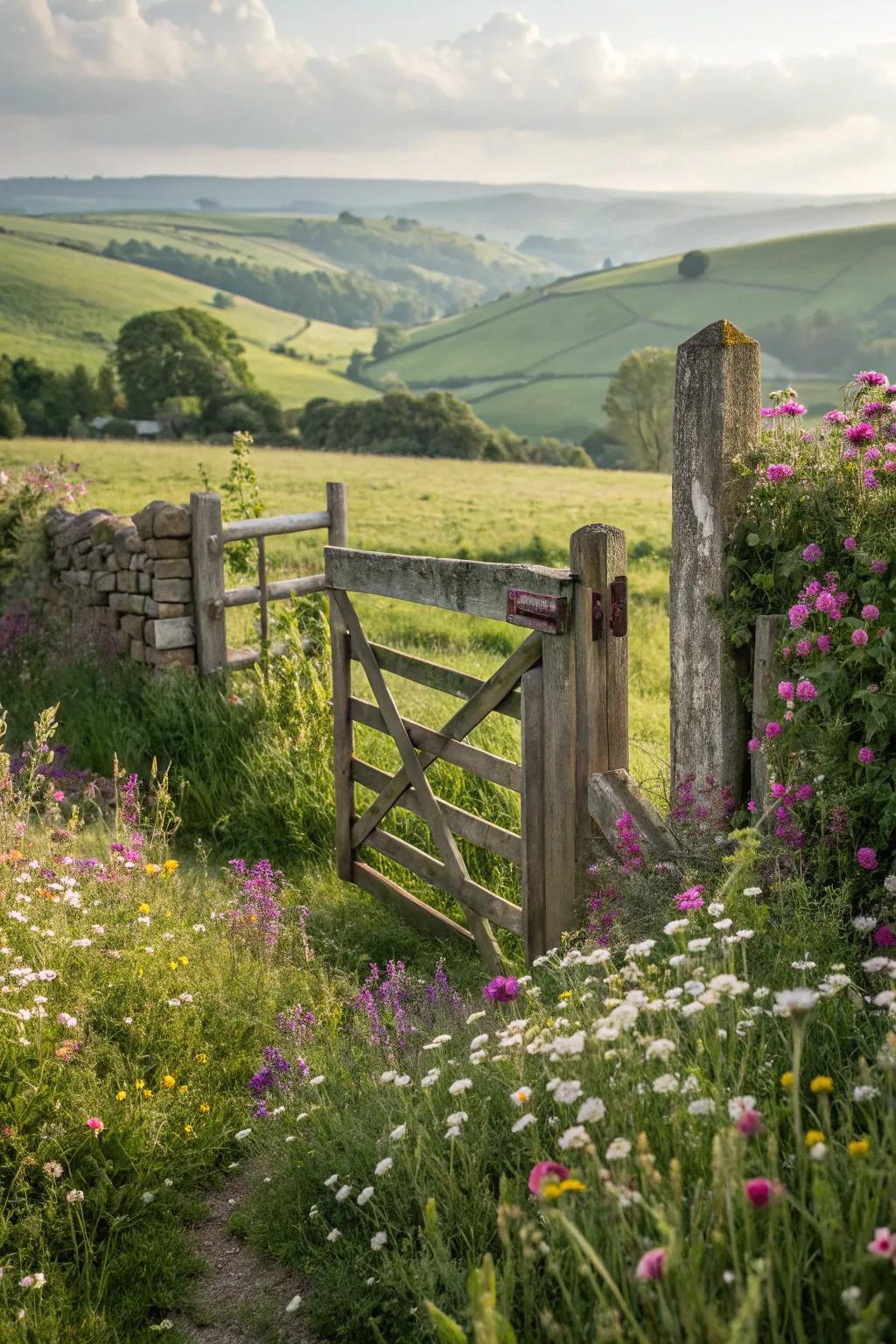 A rustic farmhouse gate offers a warm, inviting appeal.