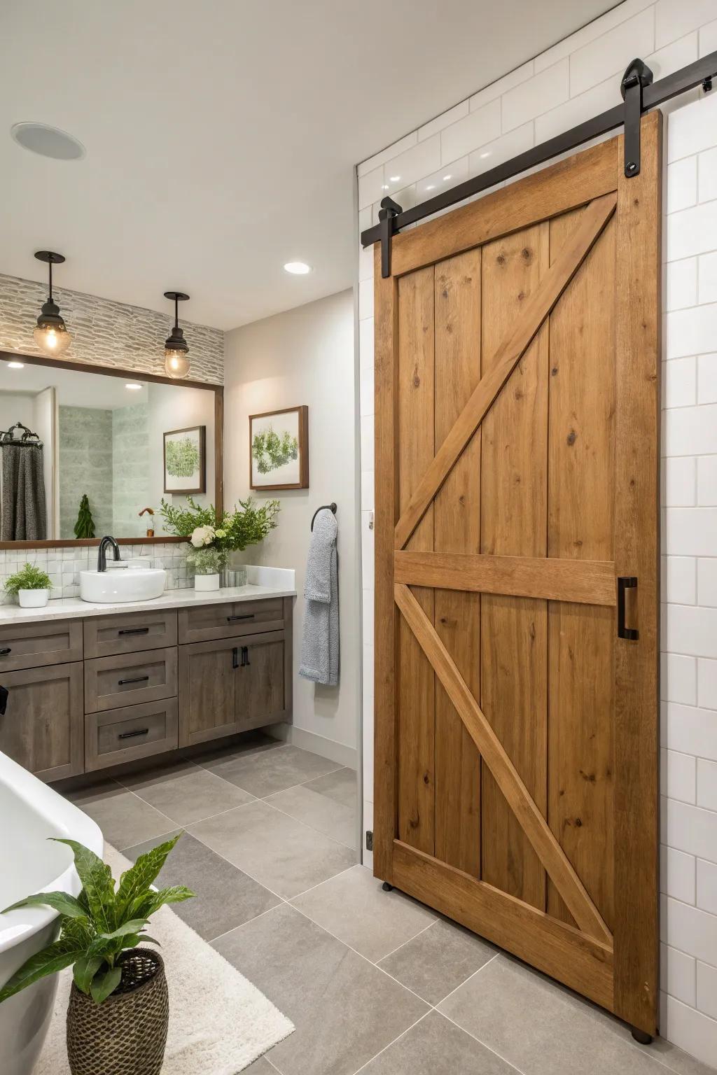 Gliding barn-style doors give any bathroom a touch of rustic sophistication.